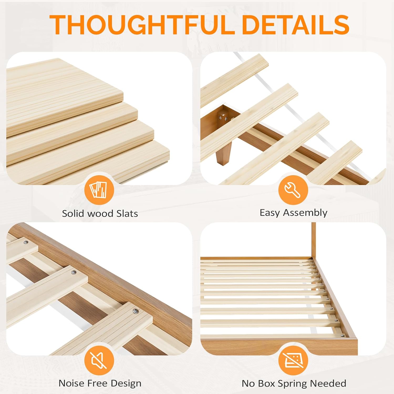 Four detailed images showing solid wood slats, easy assembly, noise-free design, and no box spring needed features of the bed frame.