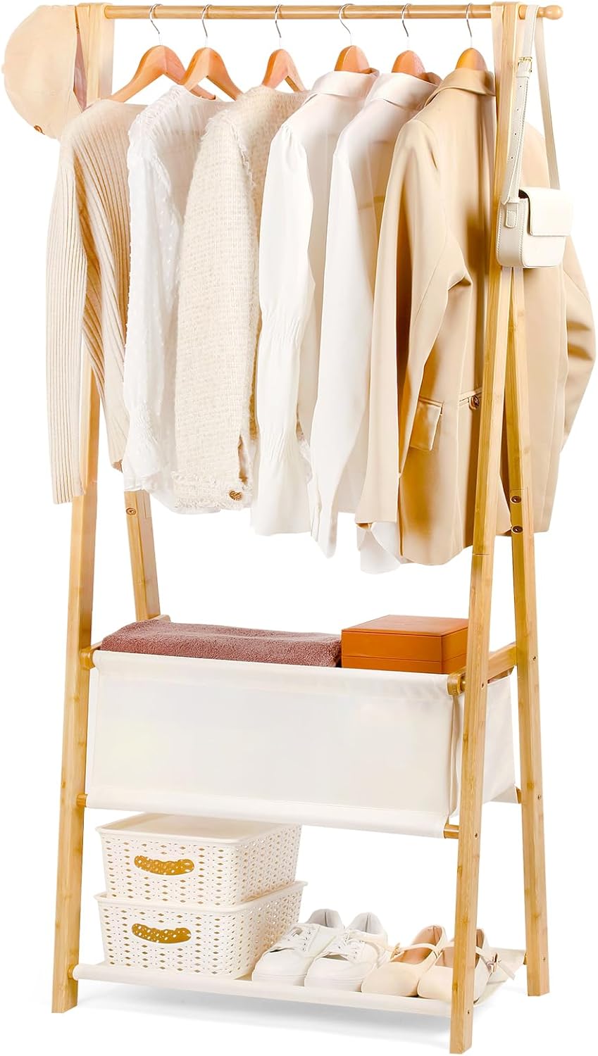 Bamboo Clothes Rack with Storage Box and Storage Shelf, Portable Extra Large Garment Rack Clothing Rack, Foldable Wardrobe For Entryway and Bed Room (S - 31.5 Inch)