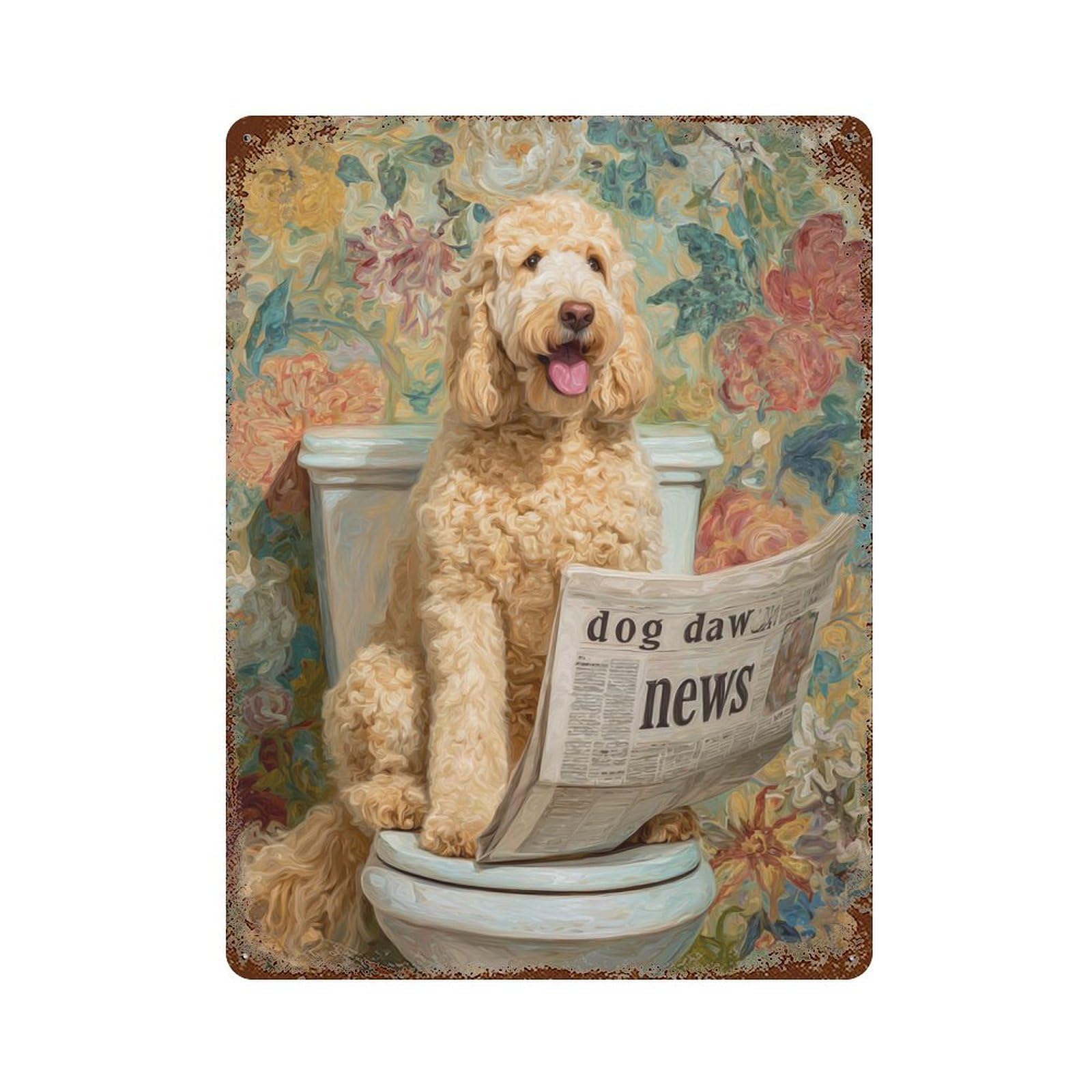 Fluffy Dog Reading Newspaper on Toilet 15.7"x11.8" Rustic Tin Plaque, Novelty Wall Decor for Bistro, Counter And Cafe Decor