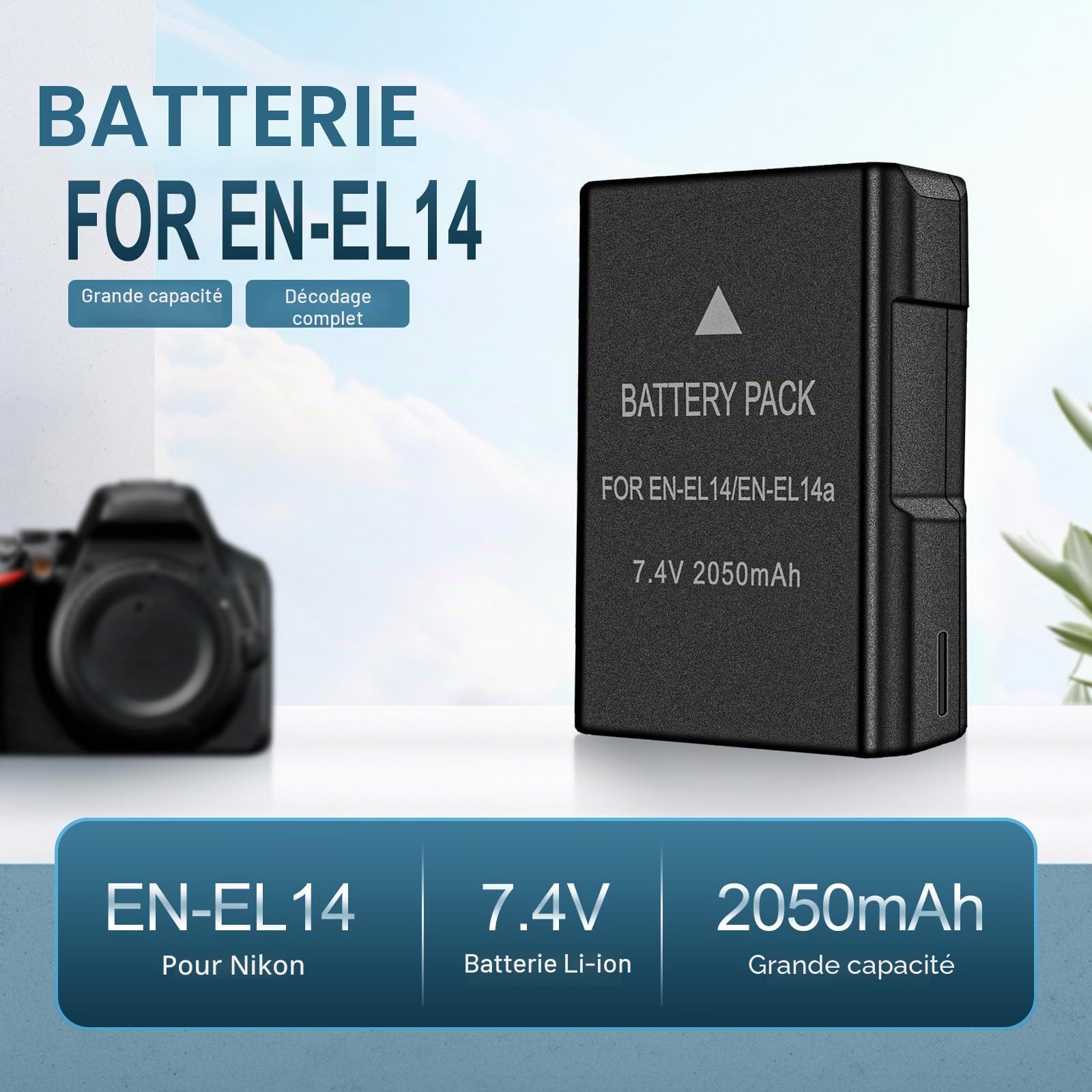 Batterie lithium-ion EN-EL14/EN-EL14a, 7,4 V 2050 mAh, compatible avec appareil photo numérique Nikon D3100 D3200 D3300 D3400 D5600 D5100 D5200 P7000 P7800