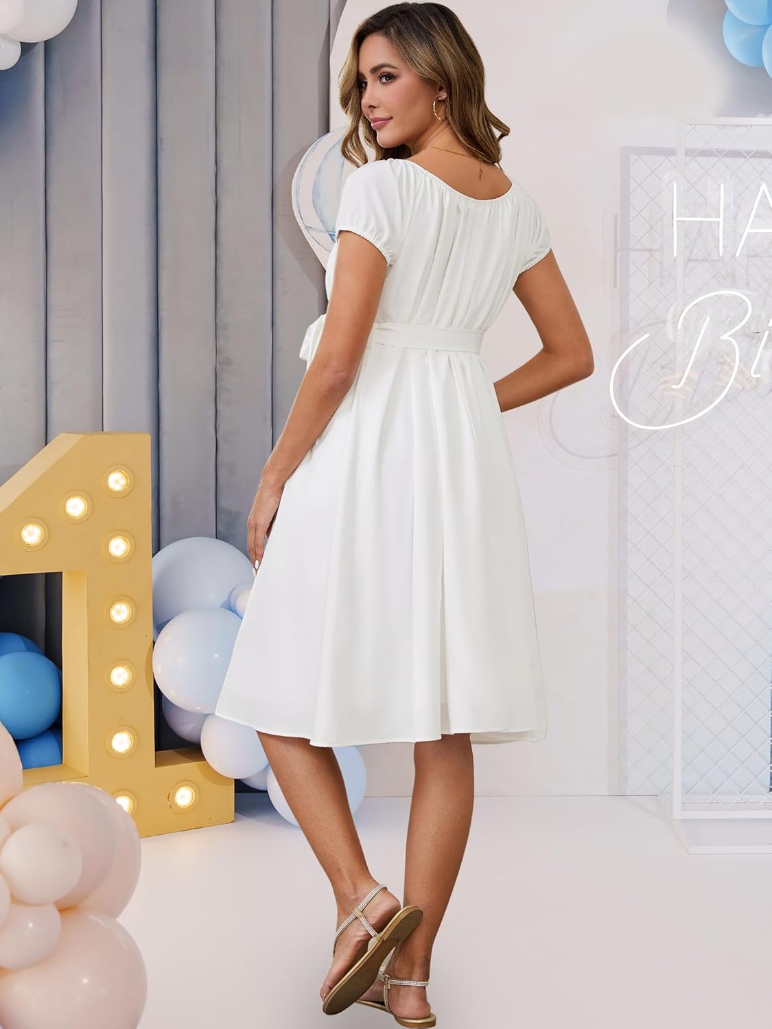 Women Maternity Dress Midi Summer Short Sleeve Flowy Boho Tie Waist Pleated Babydoll Pregnancy
