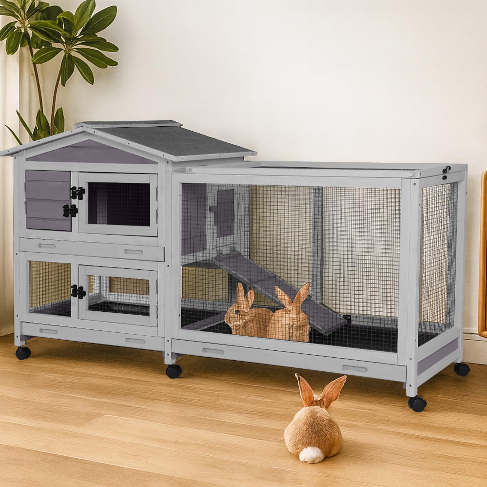 MEDEHOO 62″ 2-Story Large Rabbit Hutch, Indoor & Outdoor Bunny Cage with Chew-Proof Ramp, 3 Leakproof Pull-Out Trays, Waterproof Roof, 6 Lockable Wheels, for Rabbits & Guinea Pigs
