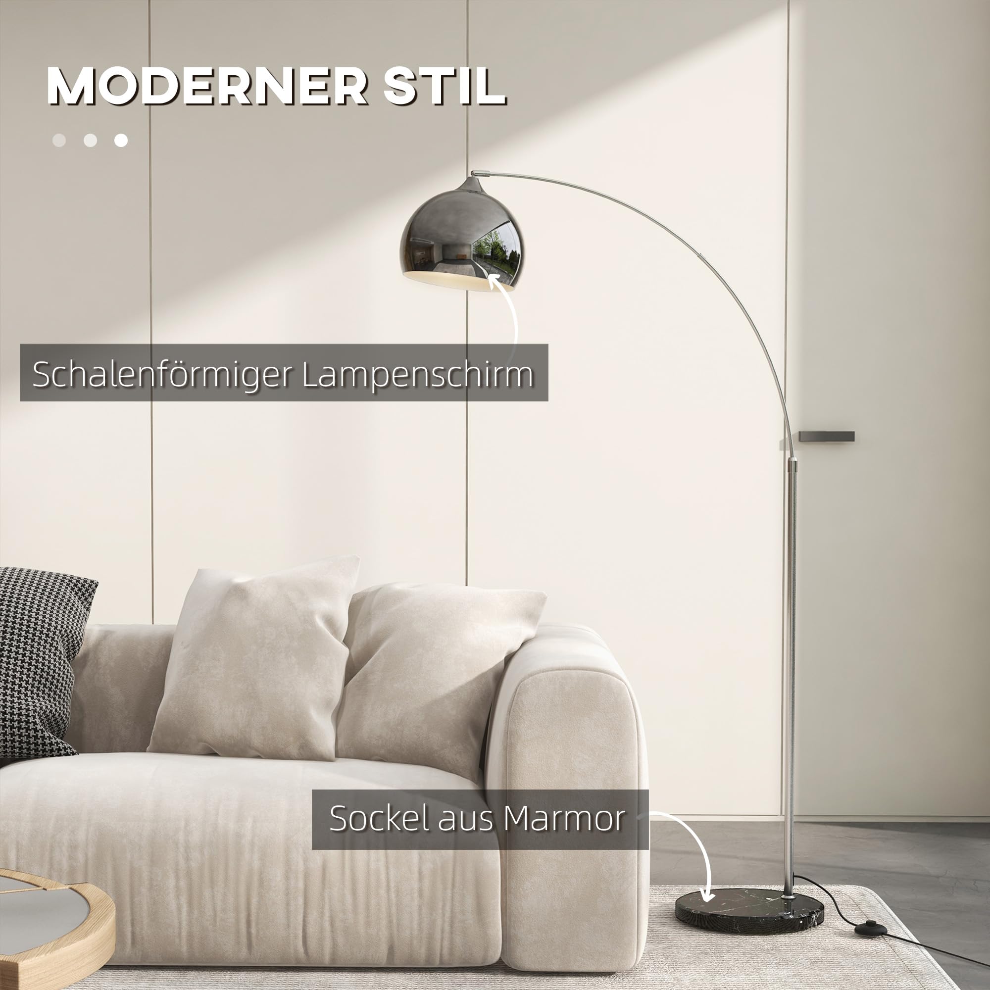 HOMCOM Stehlampe Stehleuchte höhenverstellbar, schwenkbar Bogenlampe mit E27 Fassung Standleuchte für Wohnzimmer Schlafzimmer, Silber, exkl. Glühbirne