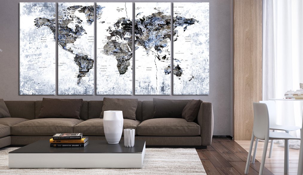 Large World Map canvas print set, world map print wall decal, framed, abstract wall art print hr43