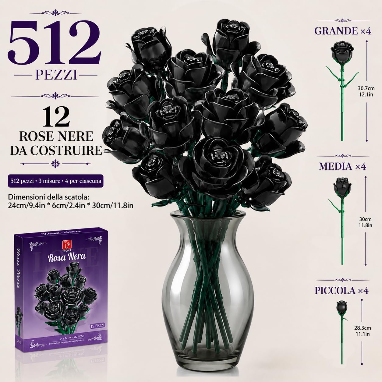 TYCOLE Rose Nere in Mattoncini, Bouquet Gotico, 12 Fiori, 512 Pezzi
