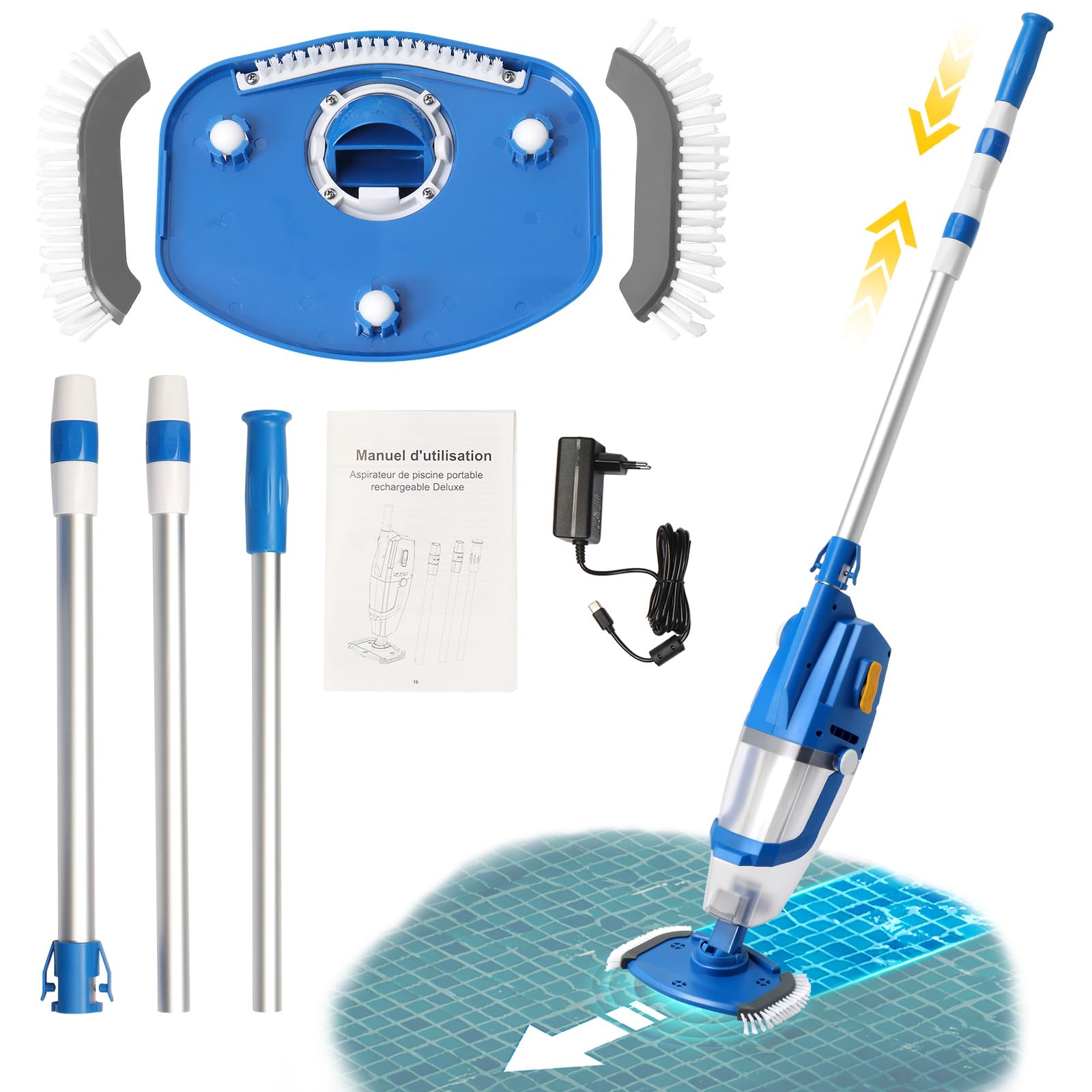 LEADZM Poolsauger Akku, Handsauger, Bodensauger mit 4500mAh & 100L/Min Saugkraft | Kabelloser Poolreiniger inkl. Teleskopstange (1.5m) & Filter | Bis zu 60 Min Laufzeit, 190×23.7×17cm(Blau)