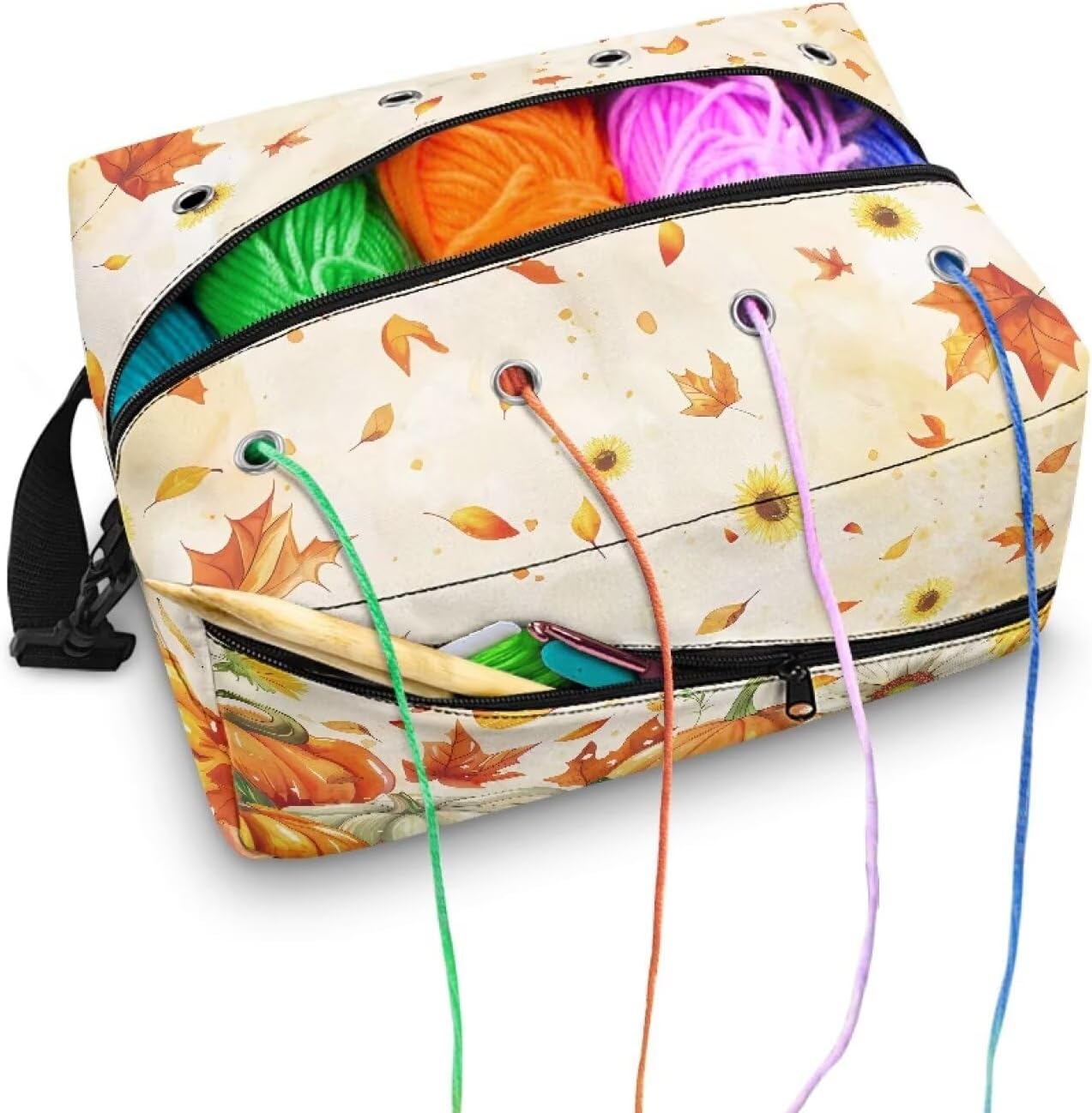 Pumpkins Maple Leaves Crochet Hook Case Thanksgiving Knitting Needle Organizer Comfortable Washable Crochet Storage Organizer for Knitting Supplies