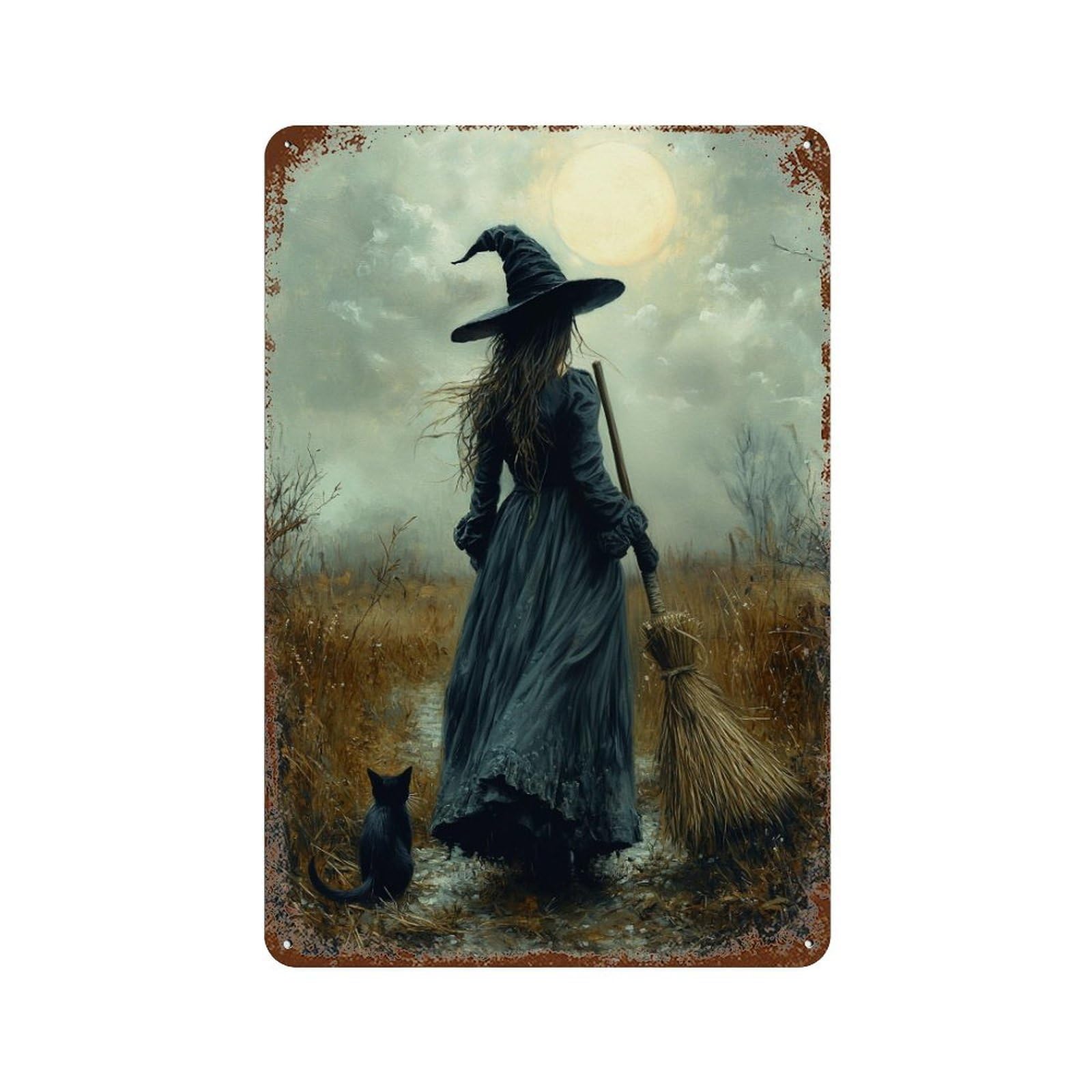Witch with Black Cat in Moonlit Field Retro Metal Sign 11.8"x7.9", Novelty Wall Decor for Farmhouse, Kitchen And Entryway Decor