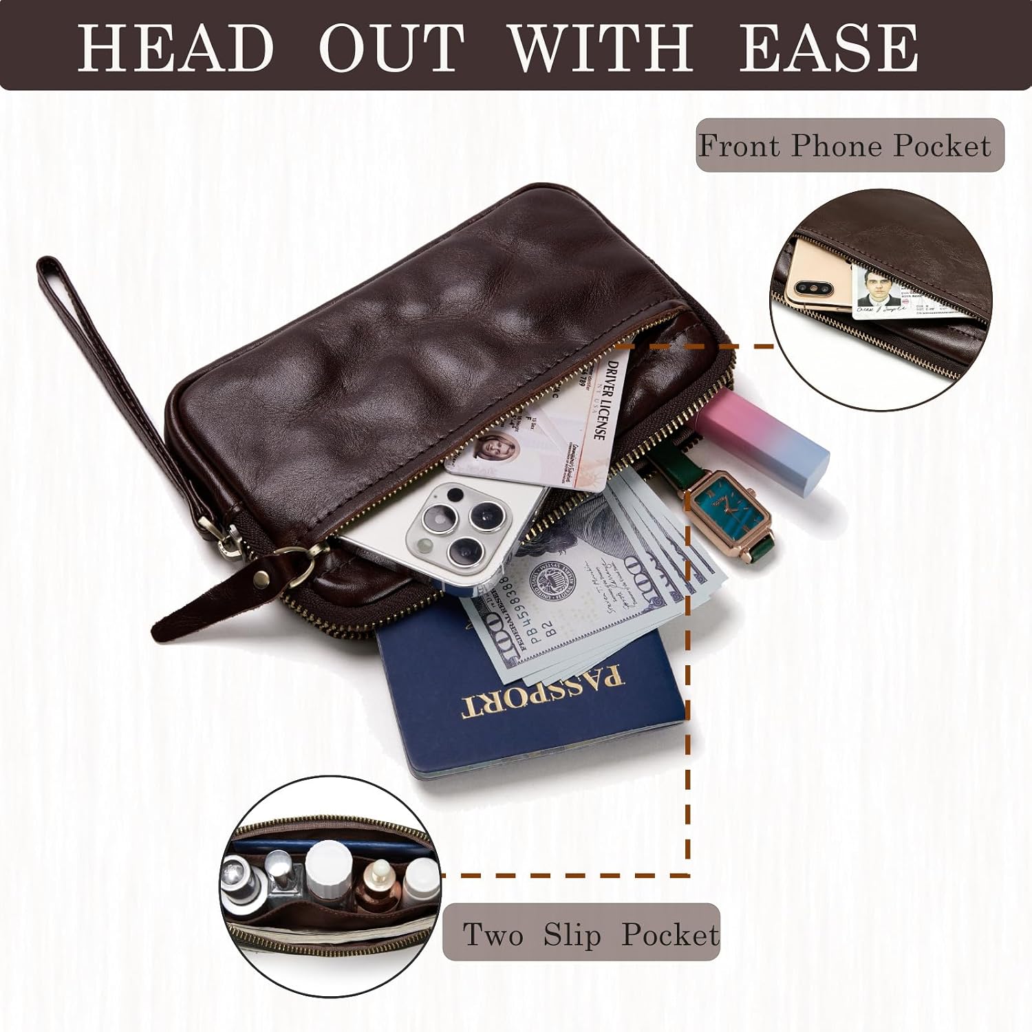 Genuine Leather Wristlet Wallets for Women: Wristlet Purses for Women - Clutch Handbag with Cell Phone Purse