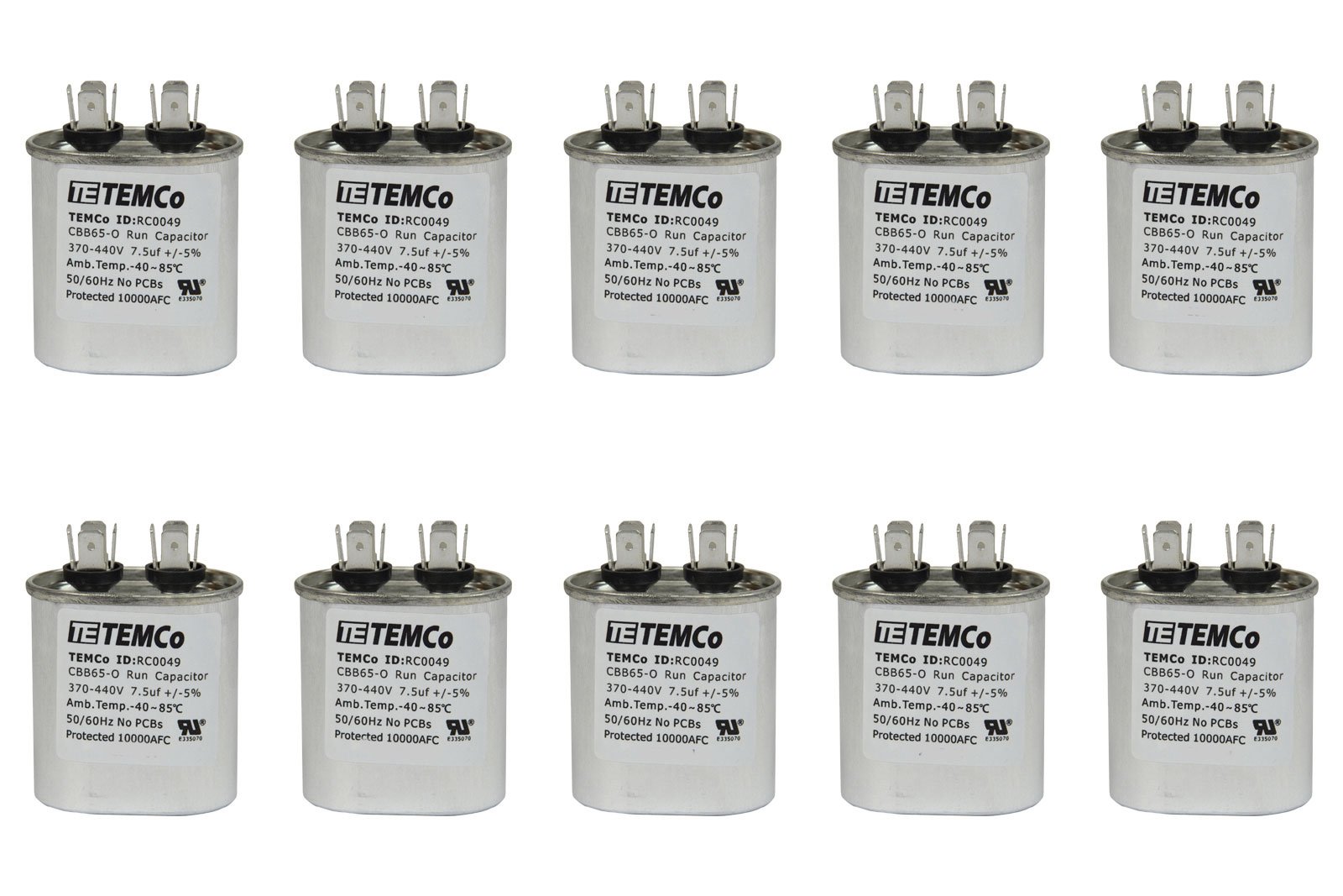 10 Pack TEMCo 7.5 uF Run Capacitor CBB65, 7.5 MFD, 370-440V, Oval, 50/60Hz | for HVAC AC Fan, Motor, Blower Applications