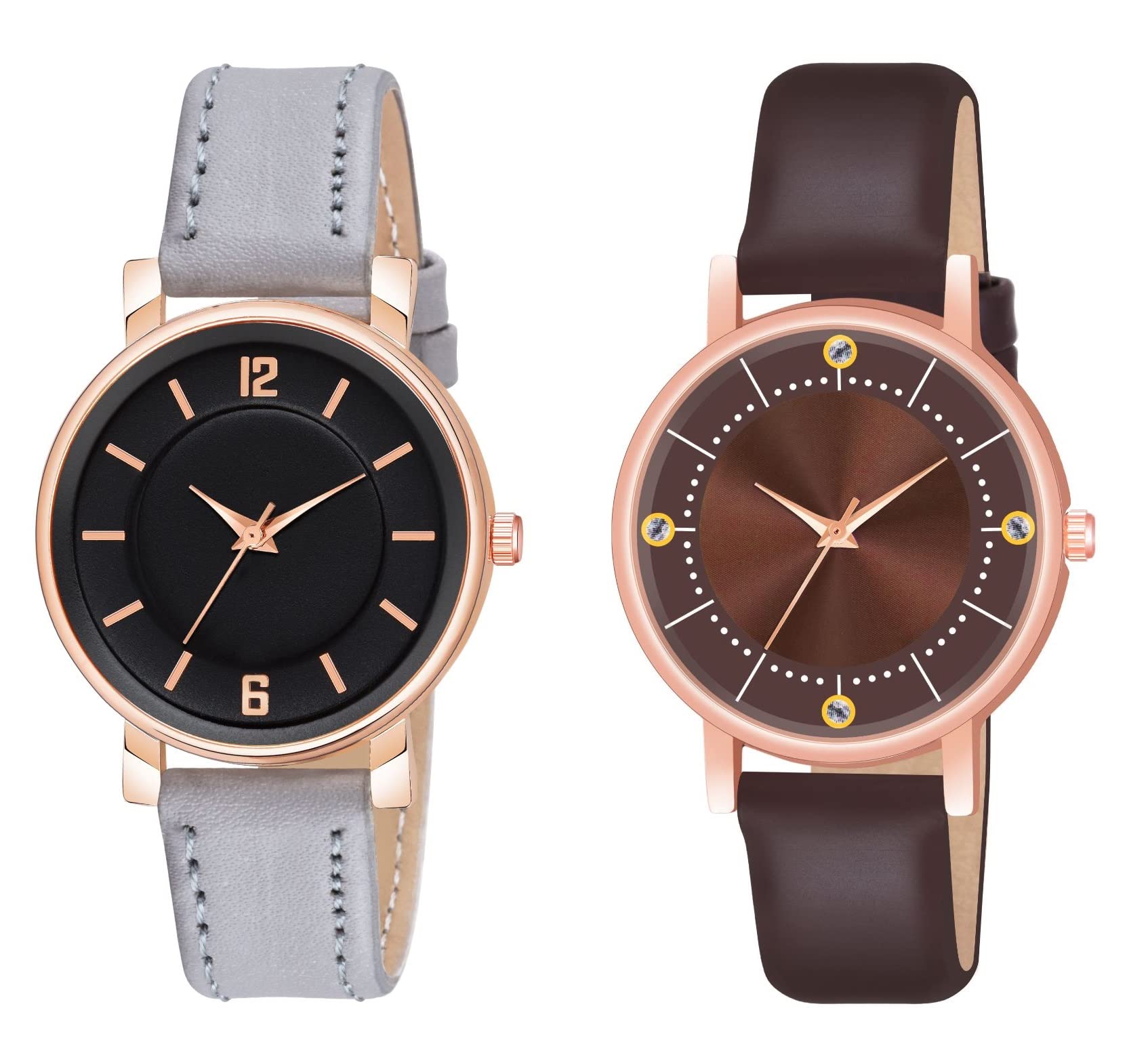 KIARVI GALLERY Analogue Round Dial and Stylish 4 Point Premium Leather Strap Watch for Girls and Women (Pack of -2, Coko-Black) (Greay-Coko) (B0C38FV9WN) Amazon Price History, Amazon Price Tracker