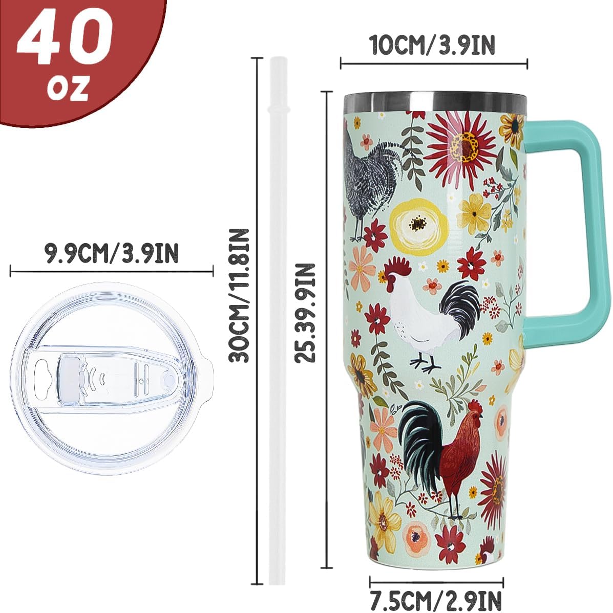 Chicken Tumbler with Handle and Straw 40 oz Chicken Floral Cup Rooster Coffee Travel Mug Stainless Steel Insulated Water Bottle Chicken Stuff Decor Gifts for Women - Image 5