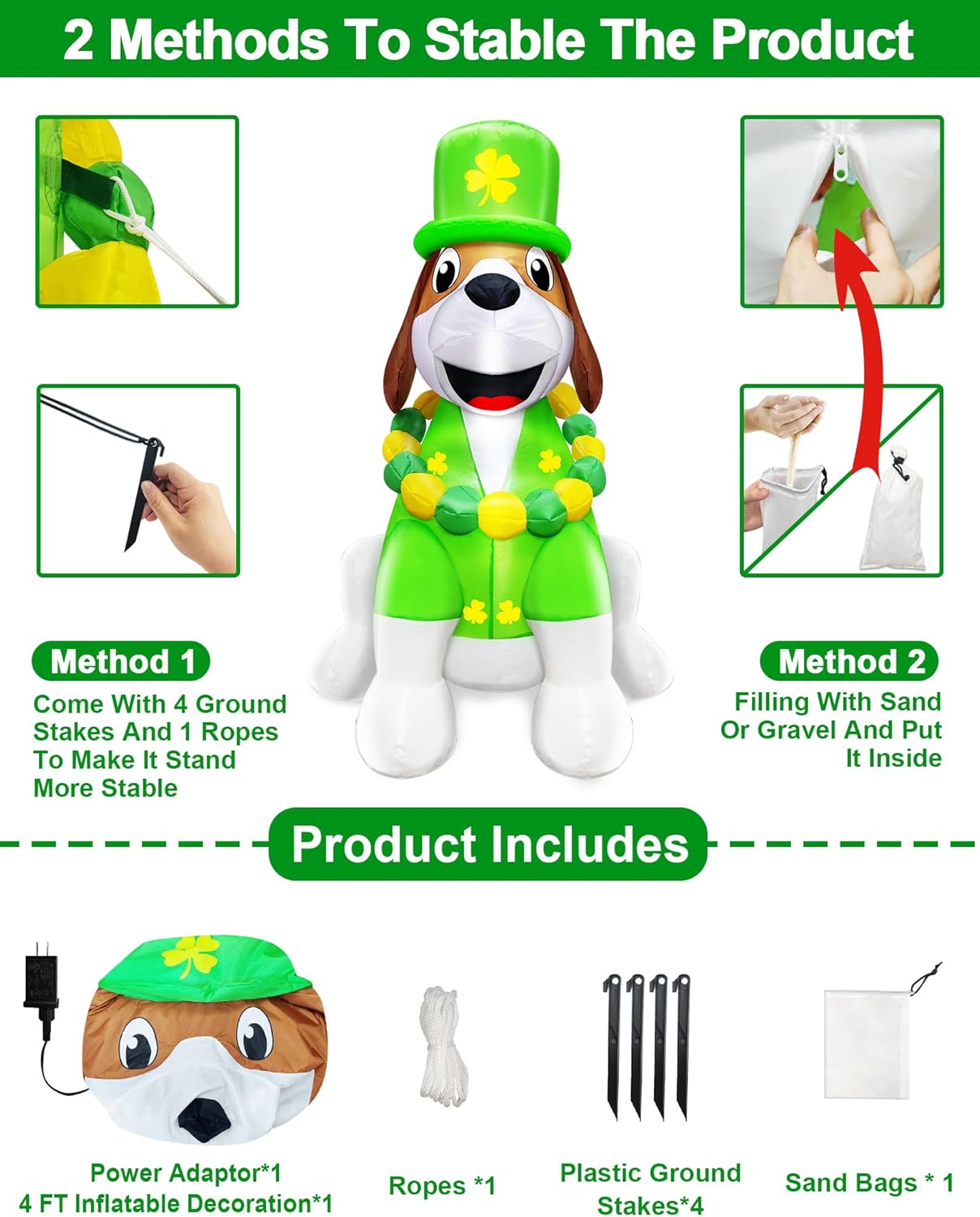 4FT St Patricks Day Inflatables Outdoor Decorations Blow Up Cute Dog Wearing Luck Shamrock Hat Bead Necklace, St. Patrick's Blow ups Irish Built-in LED Light Inflatables Yard Garden Lawn Patio Party - Image 6