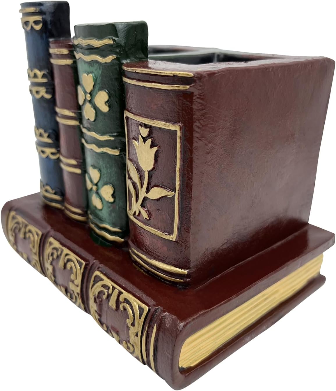 Pen Holder for Desk, Resin Pencil Holder Organizer, Decorative Organizer Caddy with Antique Library Books Design for Office Supplies, Brown