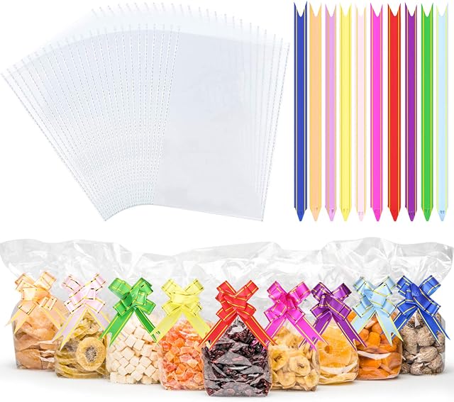100PCS 16 x 24 cm Clear Cellophane Treat Bags and Ties, SMALUCK Christmas Cellophane Bags OPP Resealable Flat Cello Bags with 1.5 x 26 cm Mix Colours Pull Bows for Bakery, Popcorn, Cookies, Candies