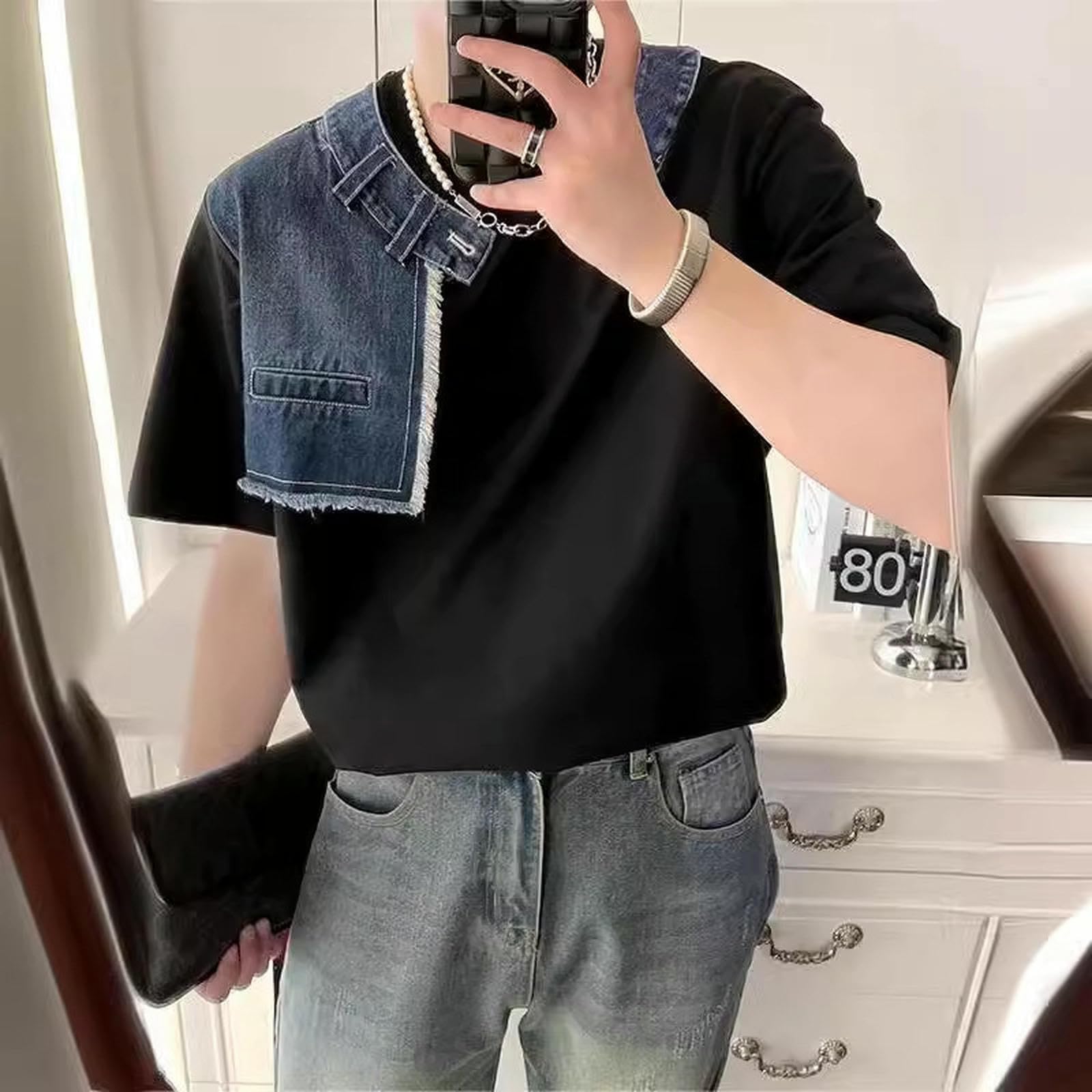 Maglietta Uomo Maglione alla Moda da Uomo A Maniche Corte, Estivo, con Cuciture in Denim, Scollo Rotondo, Morbido E Confortevole, Maglietta Attillata-bianco-3xl