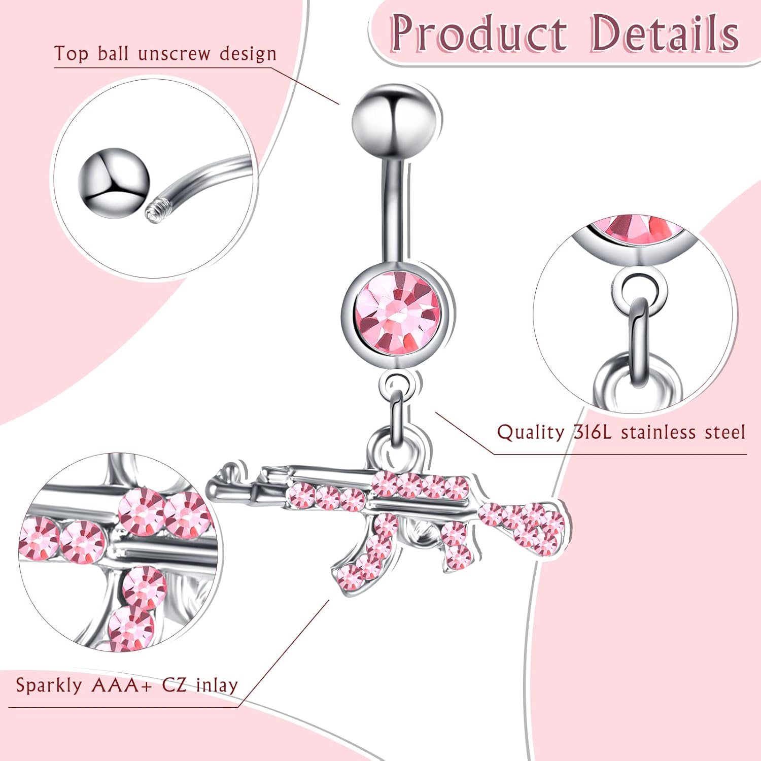 Junkin 20 Pcs 14G Dangle Belly Button Ring, Dangling 316L Surgical Navel Rings Cubic Zirconia Belly Piercing Jewelry - Image 2