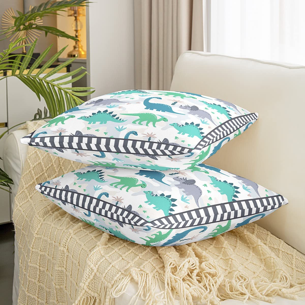 Federa per cuscino a forma di dinosauro, per divano letto, per bambini, motivo: animali selvatici, con impronte di dinosauri, set di federe quadrate, per camera da letto, soggiorno, 61 x 61 cm