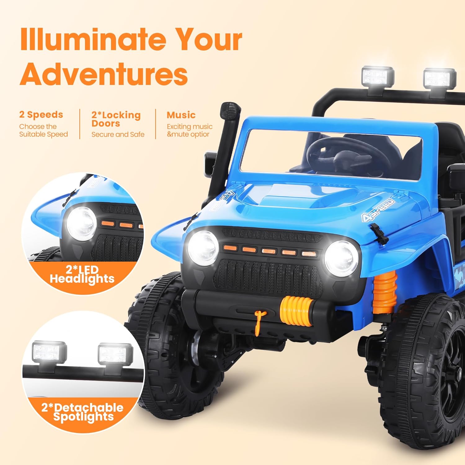 24V Kids Ride on Car, 2 Seater 4WD Electric Car for Kids w/Parent Remote Control, Off-Road Ride on Truck Car, Power Wheels, Kids Jeep with LED Lights, Bluetooth Music, Gift for Kids Ages 3+, Blue