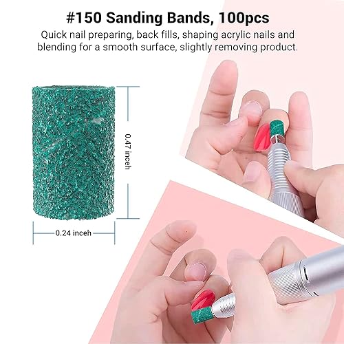 Miniatura 106 de MelodySusie 100 unidades de brocas de uñas, bandas de lijado para taladro de uñas, 120 bandas de lijado de lima de uñas de grano medio para uñas