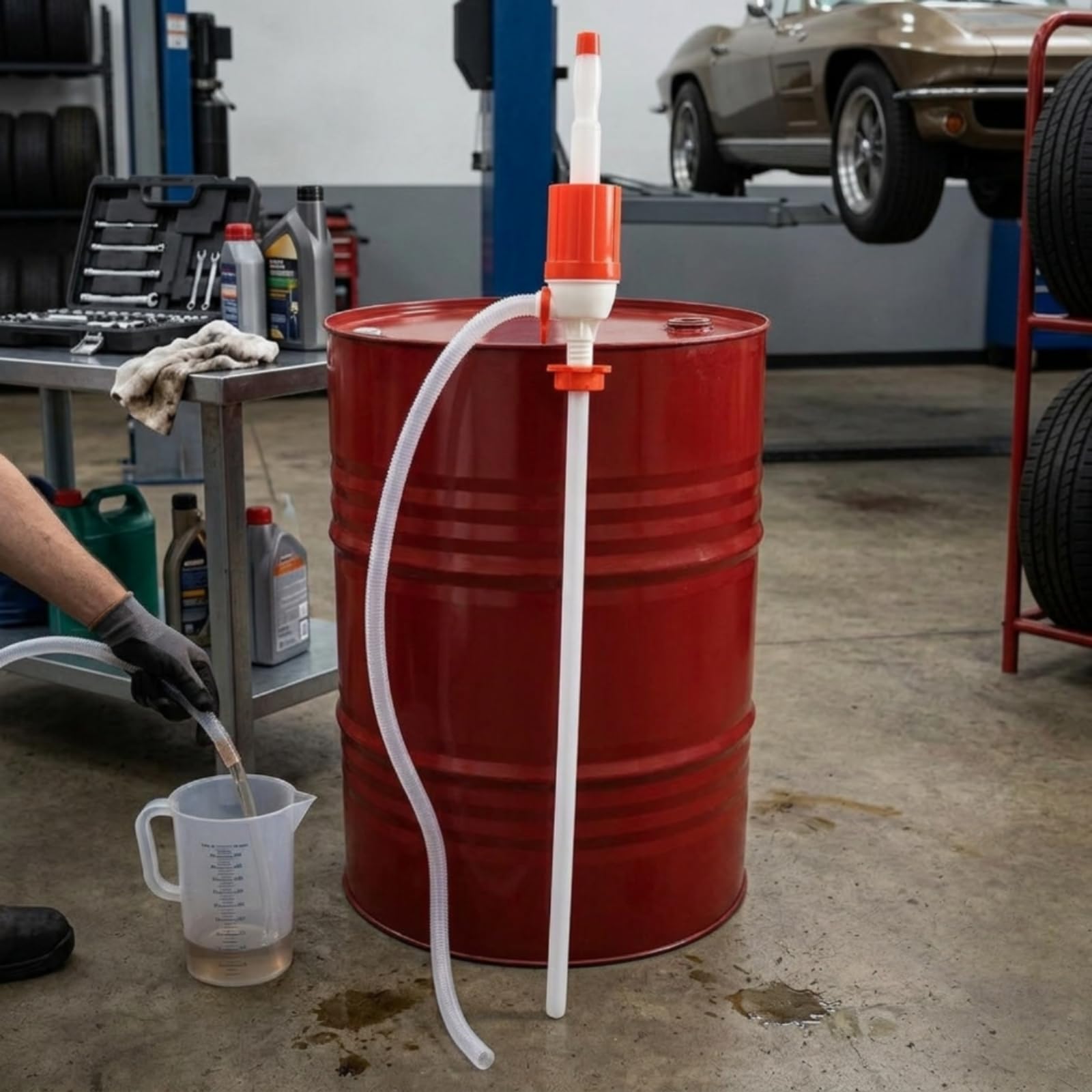 Pompa Manuale Olio Estrattore Sifone Dispenser Travaso Portatile per Svuotare Fusti E Contenitori Senza Elettricità con, Rosso 307 Grammi, Per Fusti Da 200 Litri