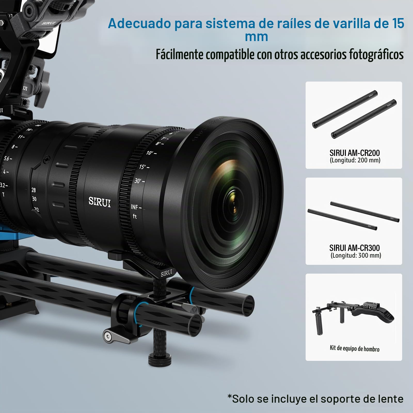 SIRUI LWS 15mm Lens Support Soporte Lente Compatible con Lente de 55mm a 140mm de Diámetro para Lente Larga, 3 Varillas de Extensión para Cámara Réflex Digital - AM-LB35