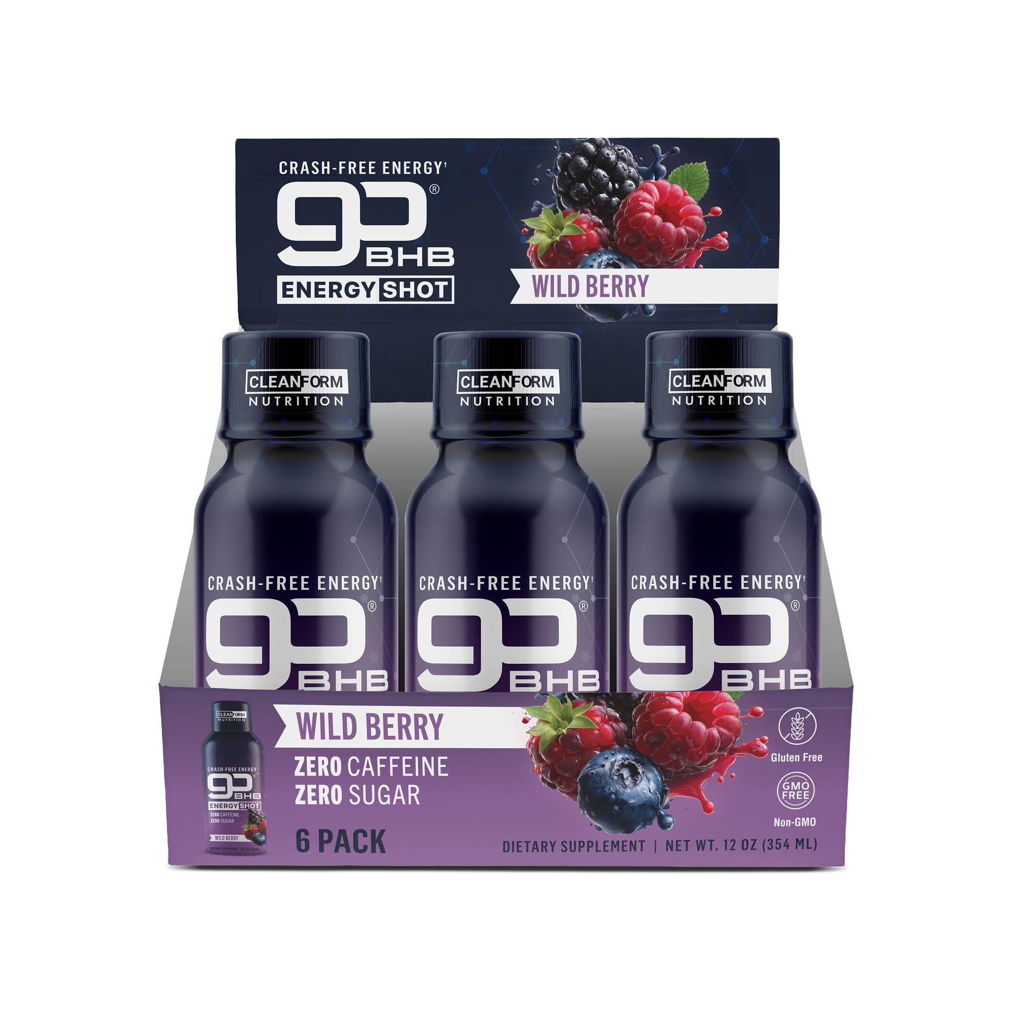 CleanForm Nutrition goBHB Energy Shot, Wild Berry, Zero Caffeine, 6-Pack