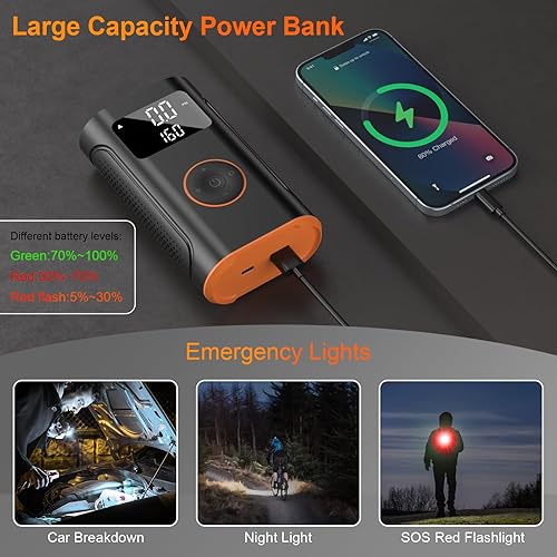 Miniatura 3 de Inflador de neumáticos portátil, compresor de aire de 160 PSI con función de memoria, bomba de bicicleta eléctrica con medidor de presión de