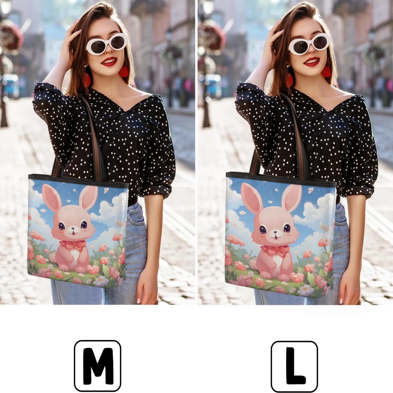 Cute Rabbit Flowers Tote Bag Multi Pocket Zippered Beach Bag Lightweight Waterproof Handbag for Women Men Work Gym Travel Swimming Yoga Grocery Shopping M