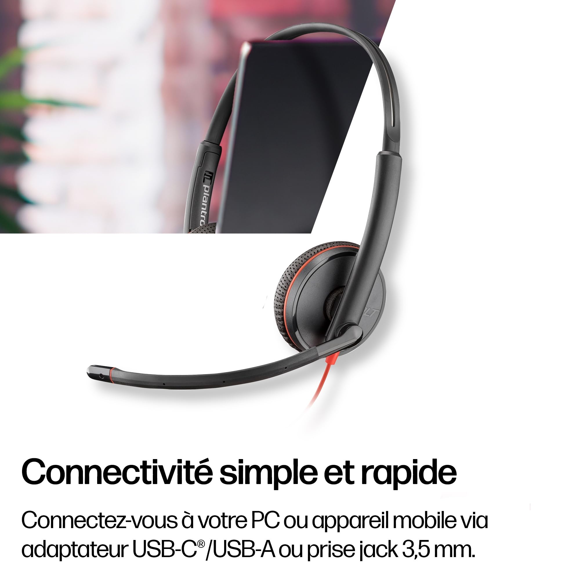 Micro-casque filaire Poly Blackwire 3225 – Microphone antibruit – Conception binaurale – Connexion à un PC/Mac/téléphone portable via USB-C, USB-A ou prise Jack 3,5 mm - Fonctionne avec Teams et Zoom