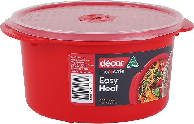 Décor Microsafe food containers with lids & steam vent, quick reheating, non-staining round BPA-FREE microwavable plastic tupperware with splatter cover - 1.5L, Red