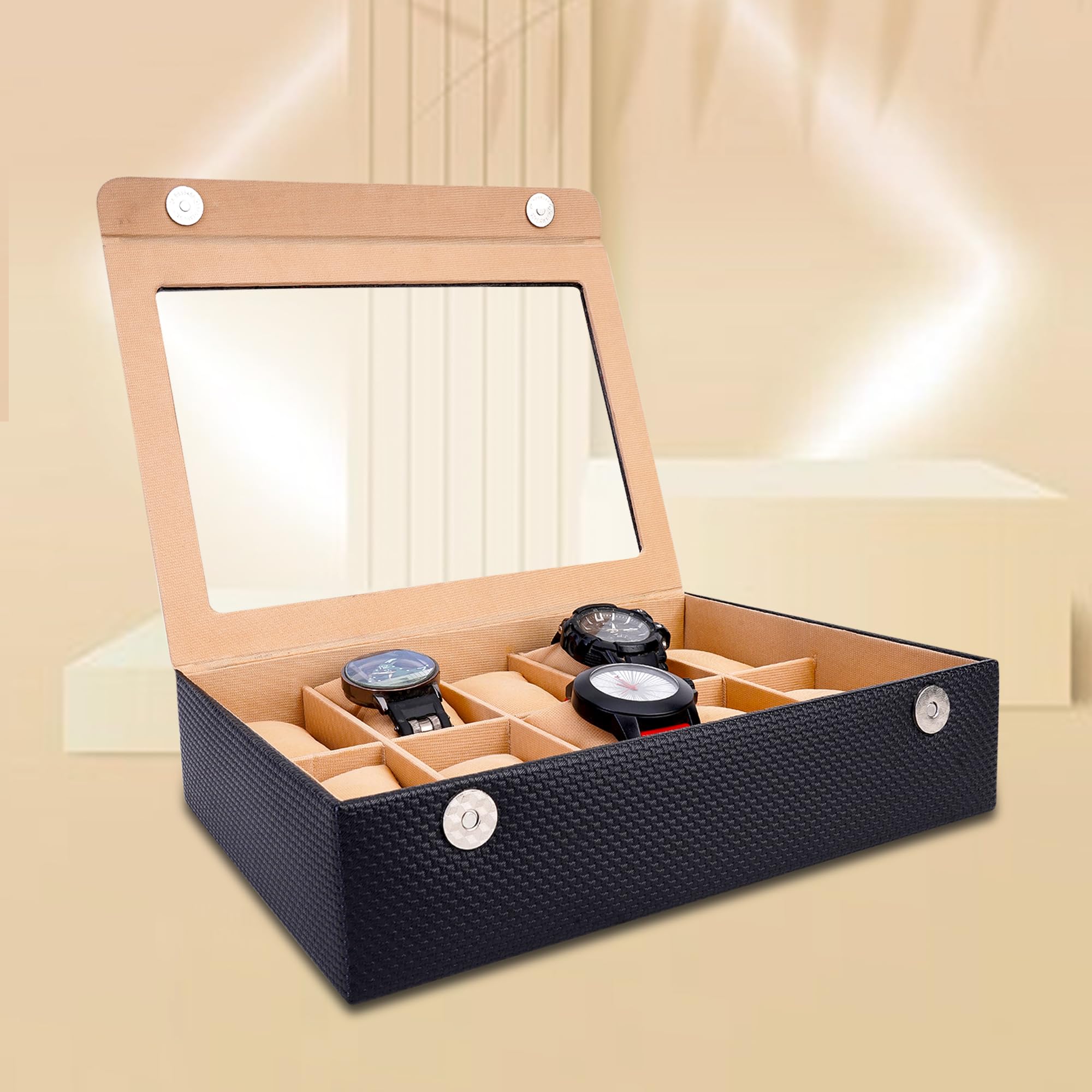 LEDO Watch Box Organizer Case for Men and Women in Black color with 10 slots of Watches in PU Leather