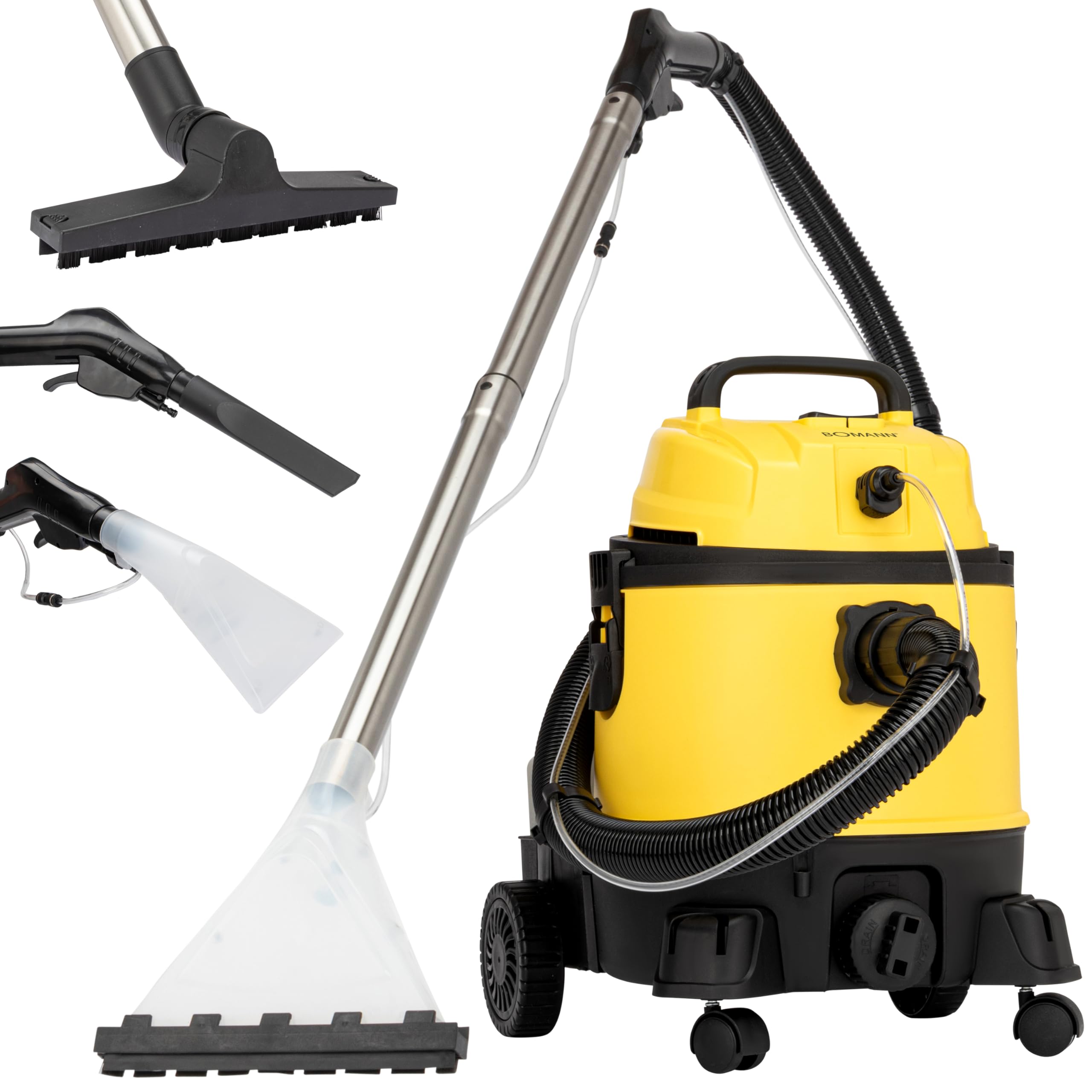 Bomann BSS 6000 Lava Aspiradora con Limpiador de Tapicería para Coche, 1200 W, 20 litros Clase de Eficiencia Energética, Negro y Amarillo
