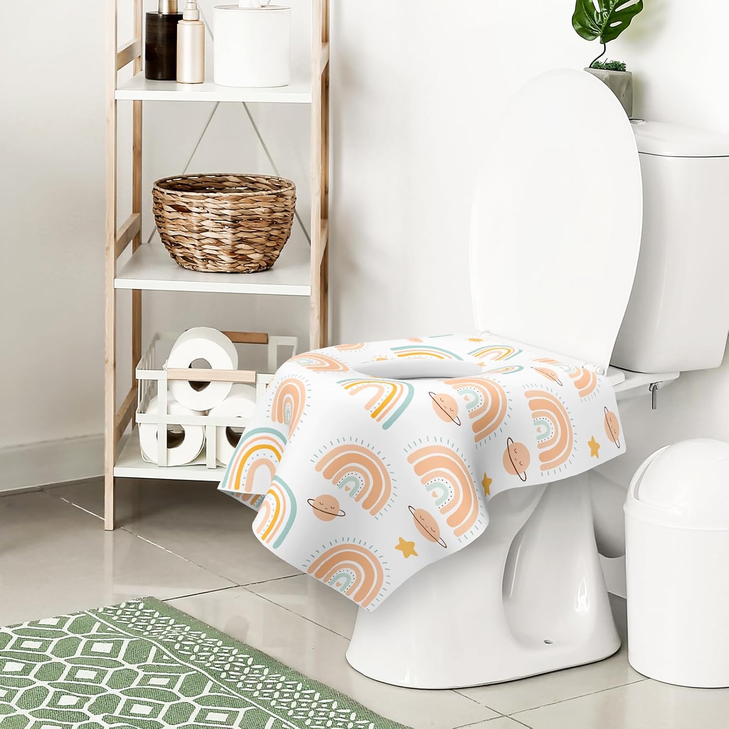 30 Pack Toilet Seat Covers Disposable, Individually Wrapped for Travel, Large Waterproof Potty Covers for Kids and Adults,Toddler Potty Training for Public Restroom, Airplane, Trip - Rainbow