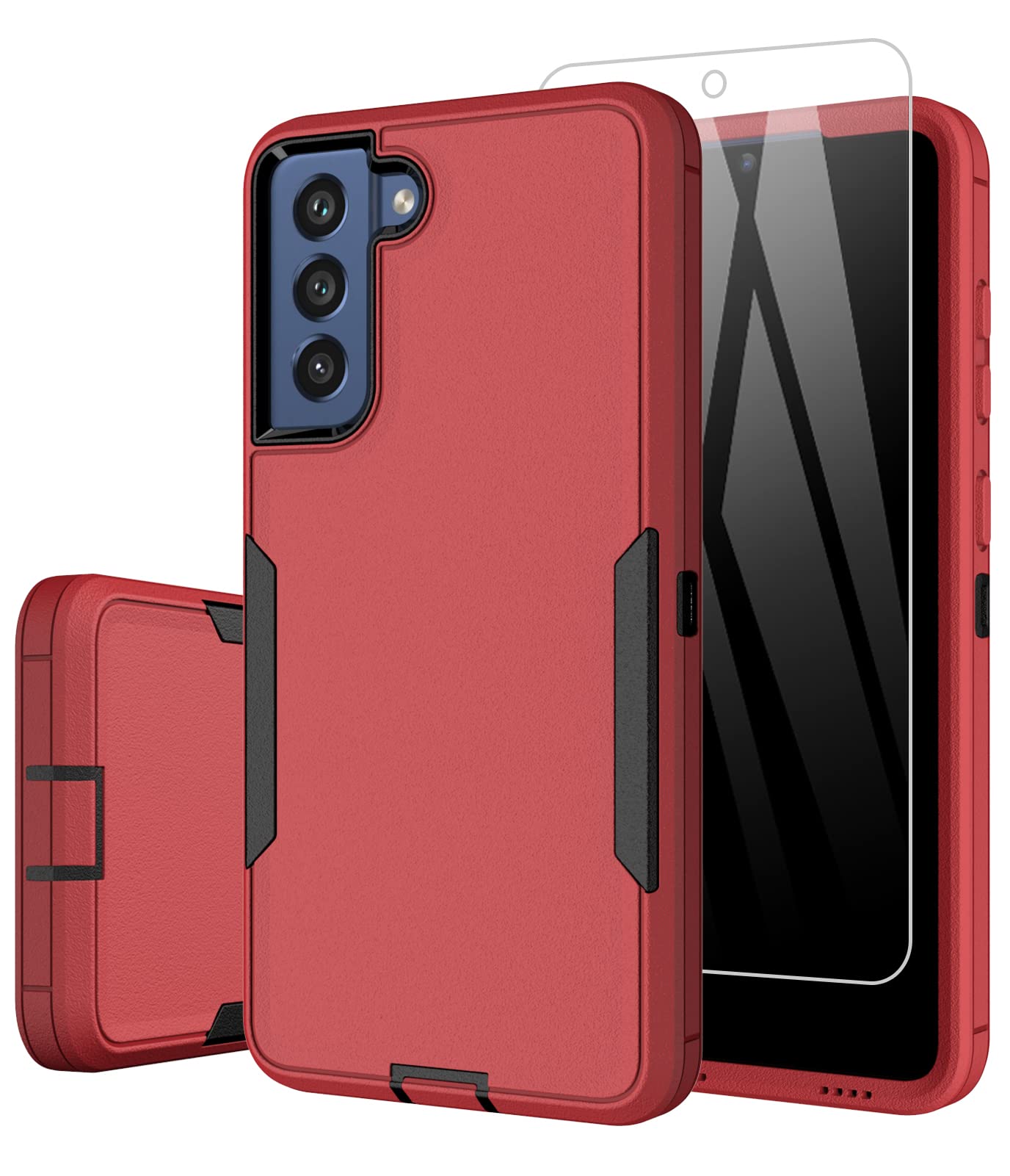 Dahkoiz Designed for Samsung Galaxy S21 FE Case with Tempered Glass Screen Protector, Full Body Heavy Duty Protection Silicone Rubber Protective Cover Phone Case for Galaxy S21 FE 5G, Red