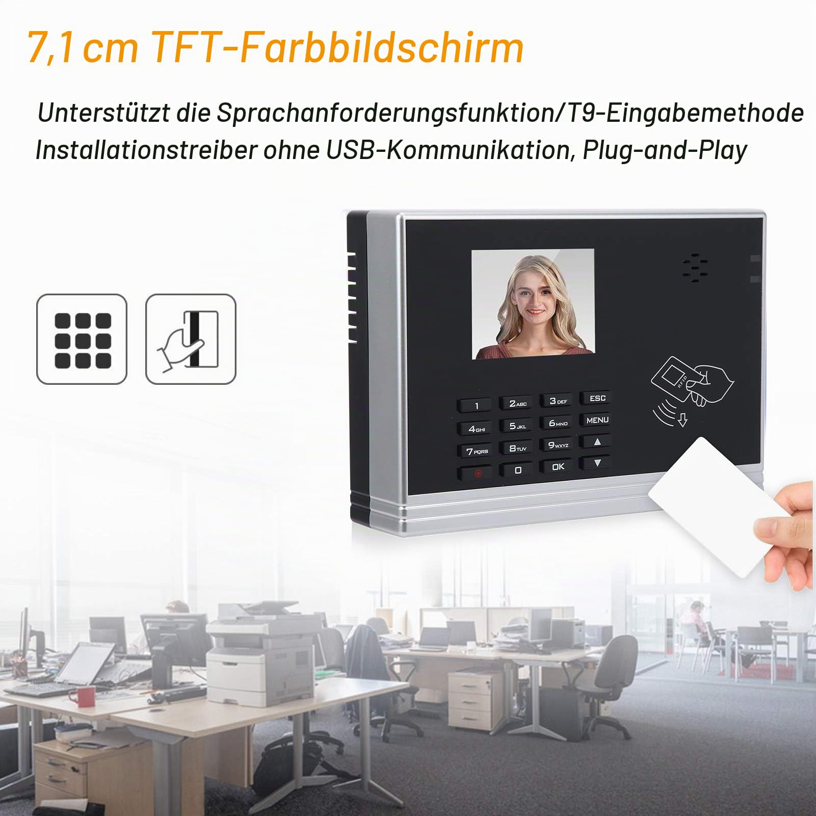 2.8 Zoll Zeiterfassung Maschine Digitale Zeiterfassung USB TCP/IP-Mitarbeiterverwaltung Zeitschaltuhr Check-in-Rekorder mit Kartenleser-PIN-Passwort(EU)