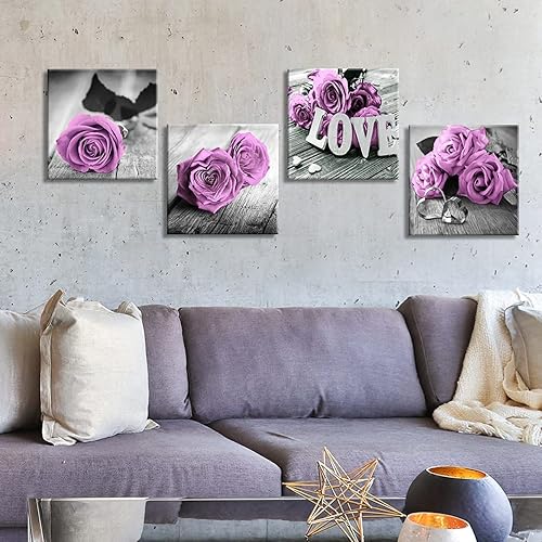 Miniatura 2 de Decoración de pared para habitación de niñas, rosa púrpura claro, lienzo para dormitorio, impresiones de flores en blanco y negro para baño,