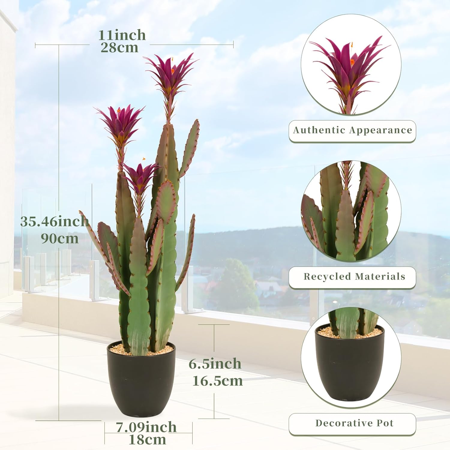 3ft Tall Artificial Cactus with Magenta Flower in Pot, Fake Cacti Plant of Satin Finish Leaves with Real Look, Outdoor & Indoor Faux Plants for Home Office Hotel Patio Balcony or Garden Decor