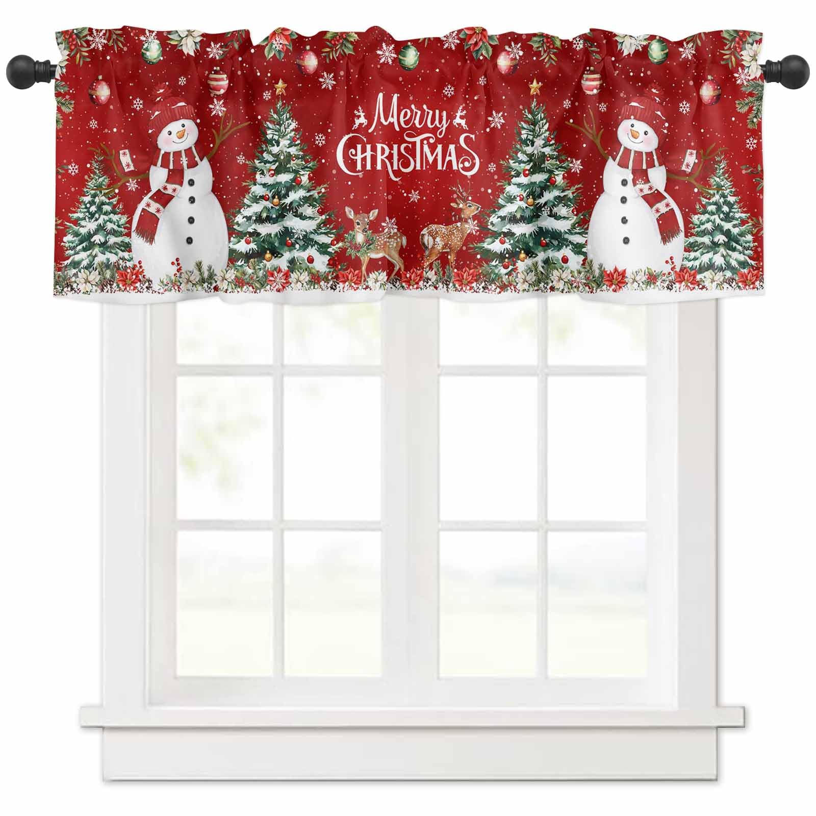 Christmas Kitchen Curtains Valances Red Snowman Valances for Windows Winter Snowflake Bathroom Window Treatment Xmas Tree Ball Elk Berry Floral
