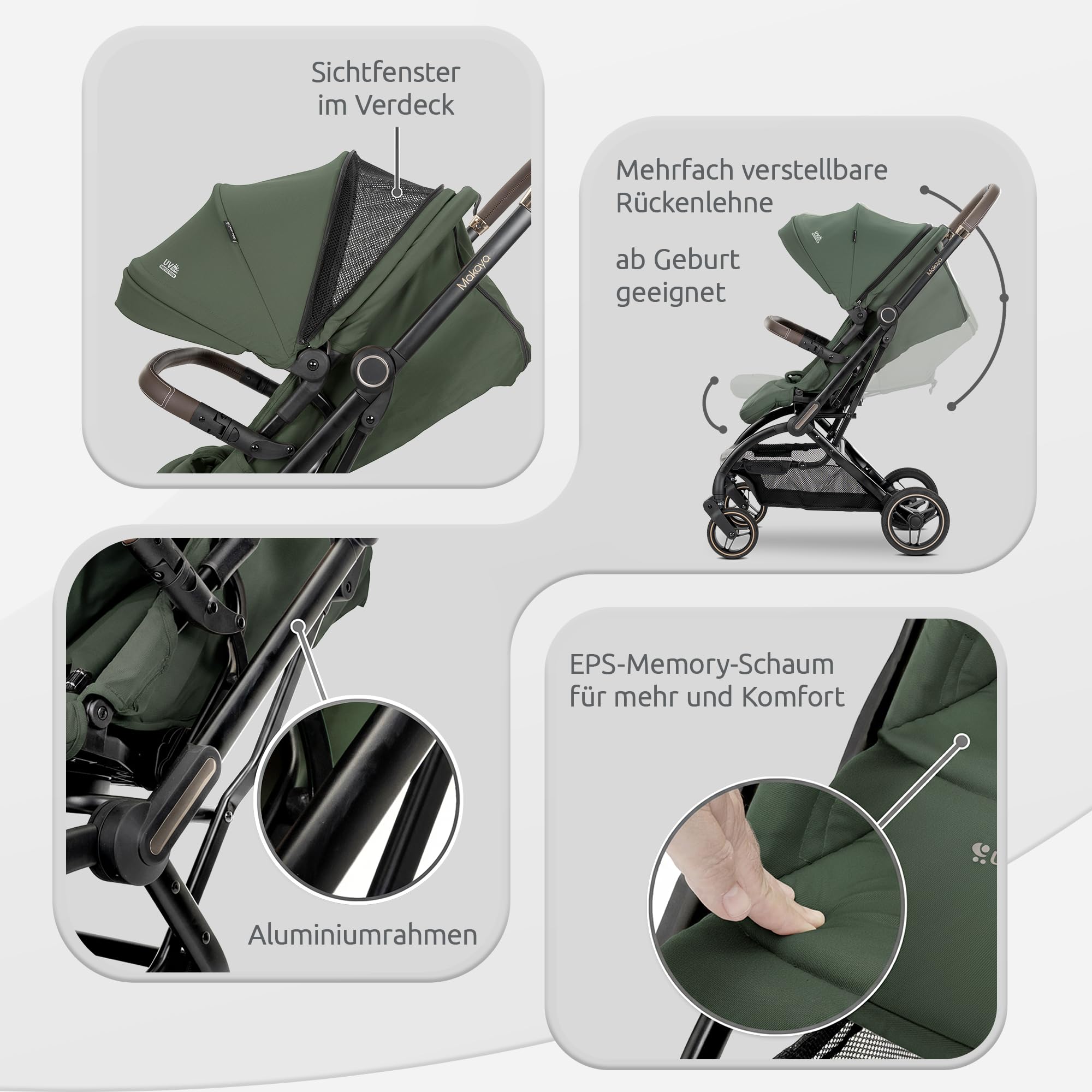 Lorelli Kinderwagen 360 Grad drehbar, Sport Buggy klein zusammenklappbar, bis 22kg, Alu-Rahmen, Grün