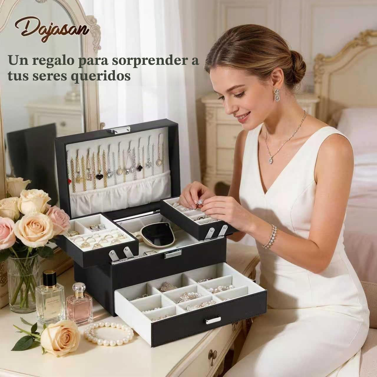 Dajasan Joyero, Joyeros Mujer Organizador, 3 Niveles Grande Joyero con 1 Cajón, PU Cuero Joyeros, Caja jewelry organizer de Anillos, Collares, Aretes, Relojes (Negro)