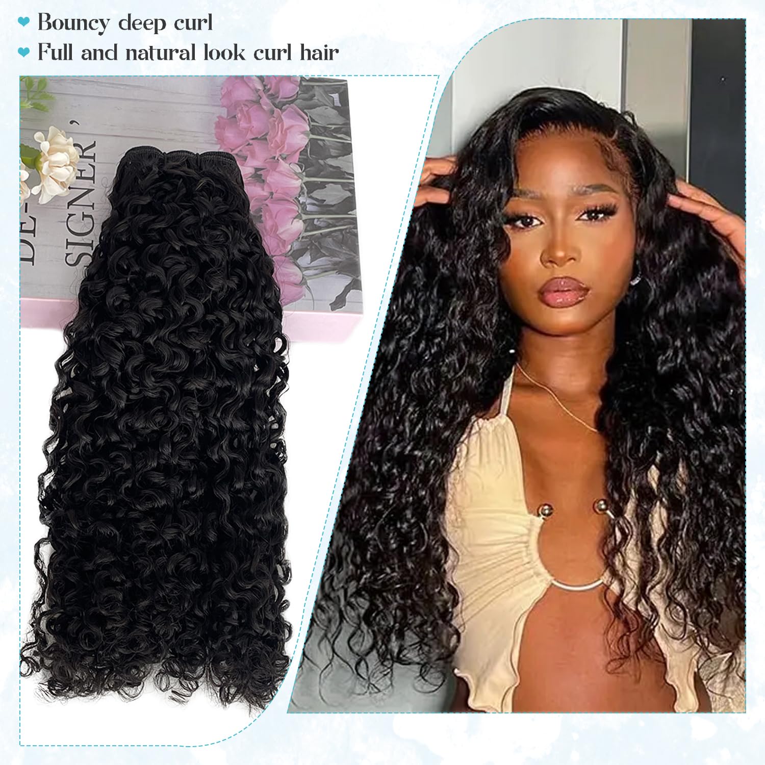Deep Curly Bundles Human Hair Unprocessed 15A Brazilian Virgin Real Human Hair Sew in Weft Extensions 16 Inch #1B Natural Color Wet and Wavy Weave Bundles for Black Women 85G No Shedding