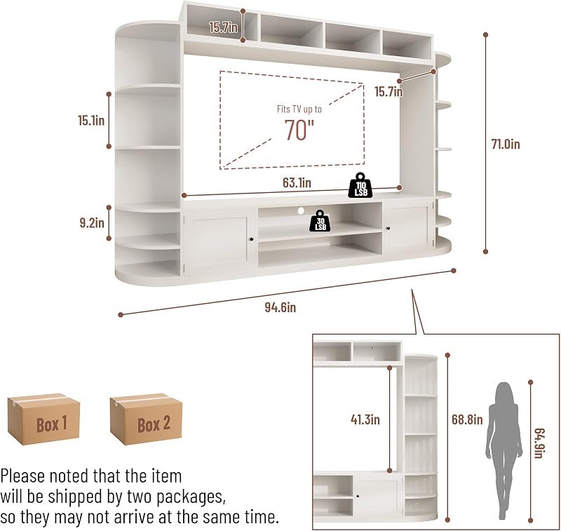 94" Entertainment Center with Bookshelves for TVs up to 70" (White) image 2