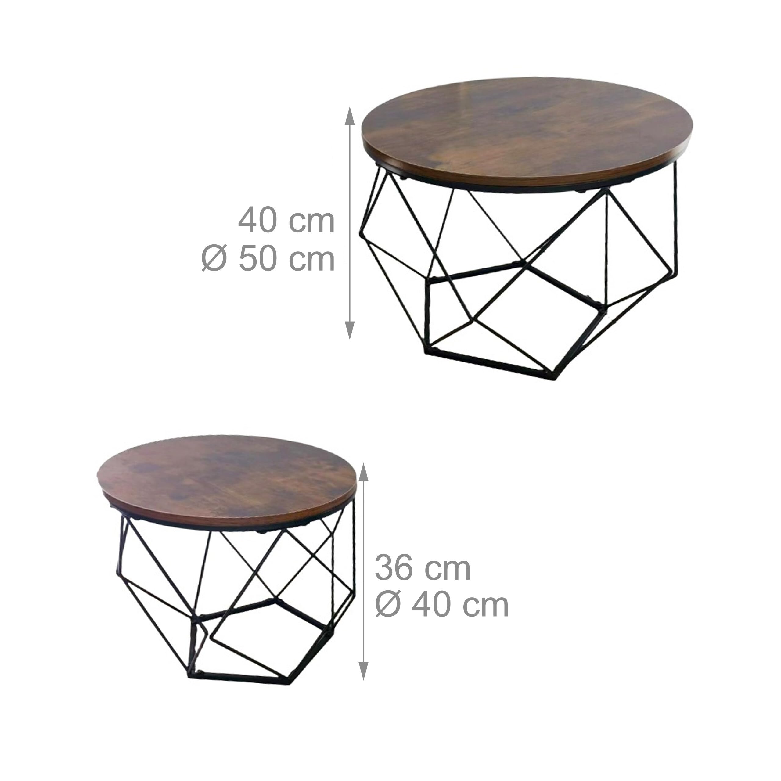 Relaxdays Couchtisch, 2er Set, Holzoptik & Metall, Industrial-Design, runde Beistelltische, Wohnzimmer, braun/schwarz