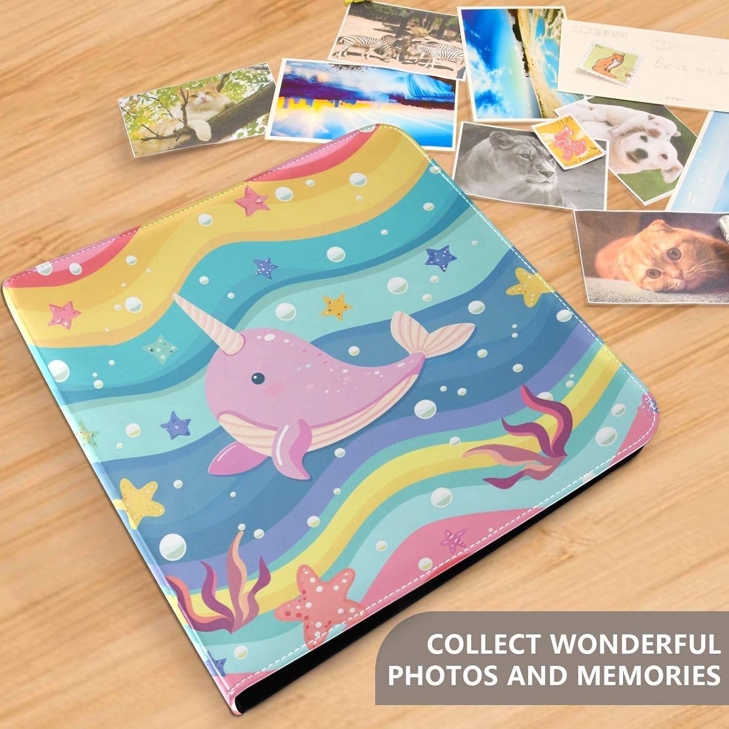 JIPONI Cartoon Whale Large Photo Album, DIY Leather Cover Scrapbook Albums for 4x6 5x7 6x8 Pictures, Self Adhesive Memory Book for Wedding, Baby, Family