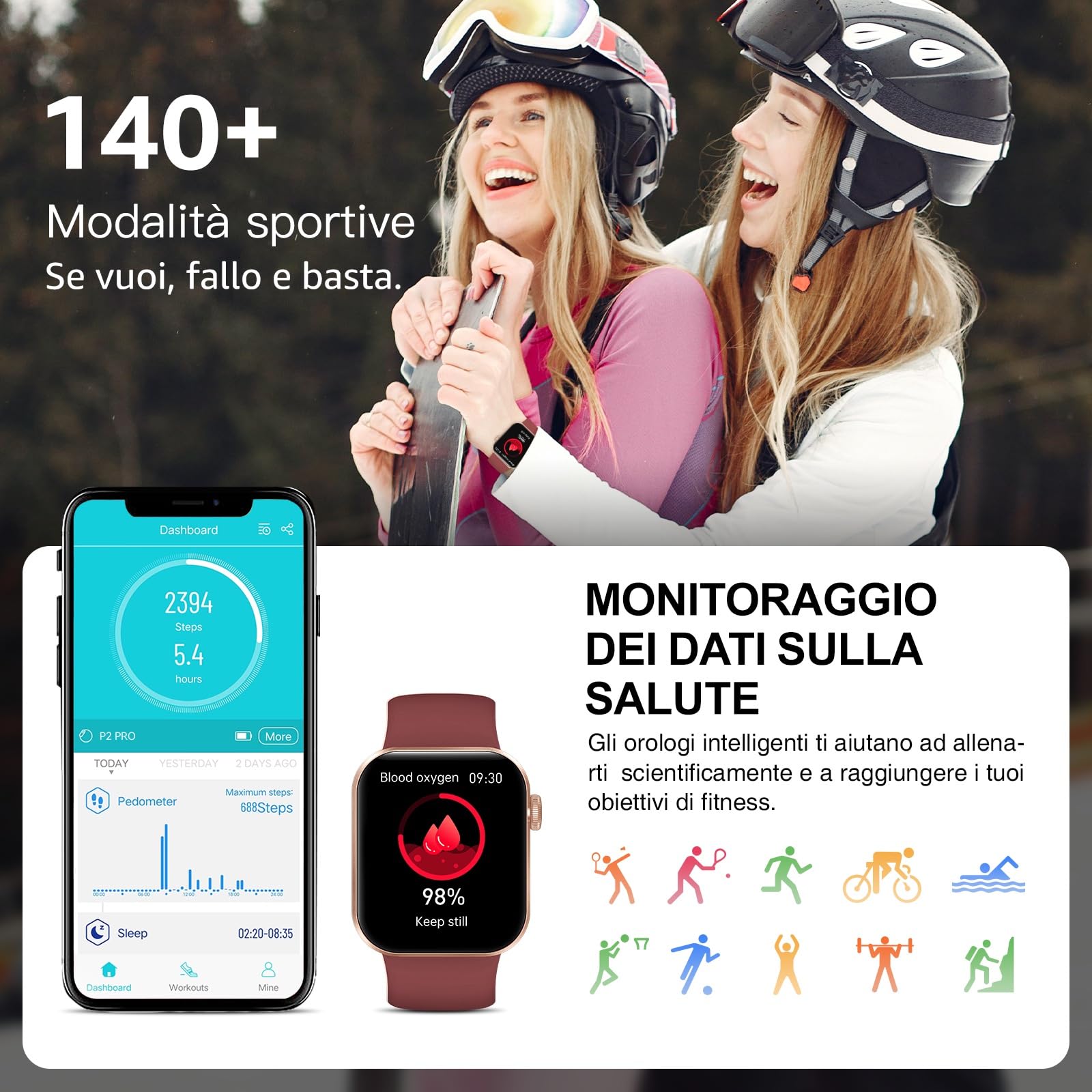Smartwatch Uomo Donna, 1.85" Orologio Smartwatch con Effettua/Risposta Chiamate, 140 Sportive Smart Watch con Contapassi/Sonno/Cardiofrequenzimetro/SpO2, Impermeabil IP68 Smartband per Android iOS