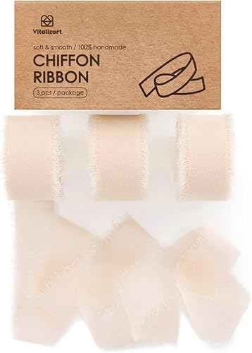 Vitalizart Cinta de seda de gasa color nude claro de 1 pulgada x 21 yardas, paquete de tela con flecos (3 rollos x 7 yardas) para invitaciones de