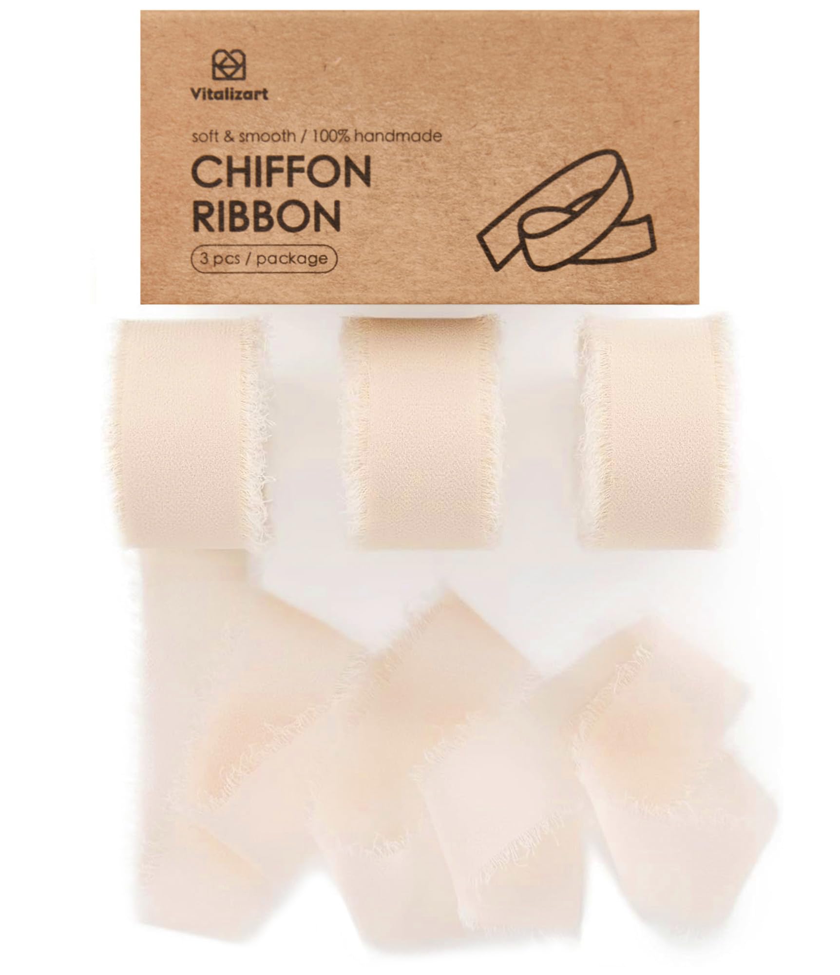 Vitalizart Light Nude Chiffon Silk Ribbon 1" x 21 Yd Fringe Fabric Package (3 Rolls * 7 Yd) for Wedding Invitations Bridal Bouquets Decorations Gifts Wrapping & Bow Making
