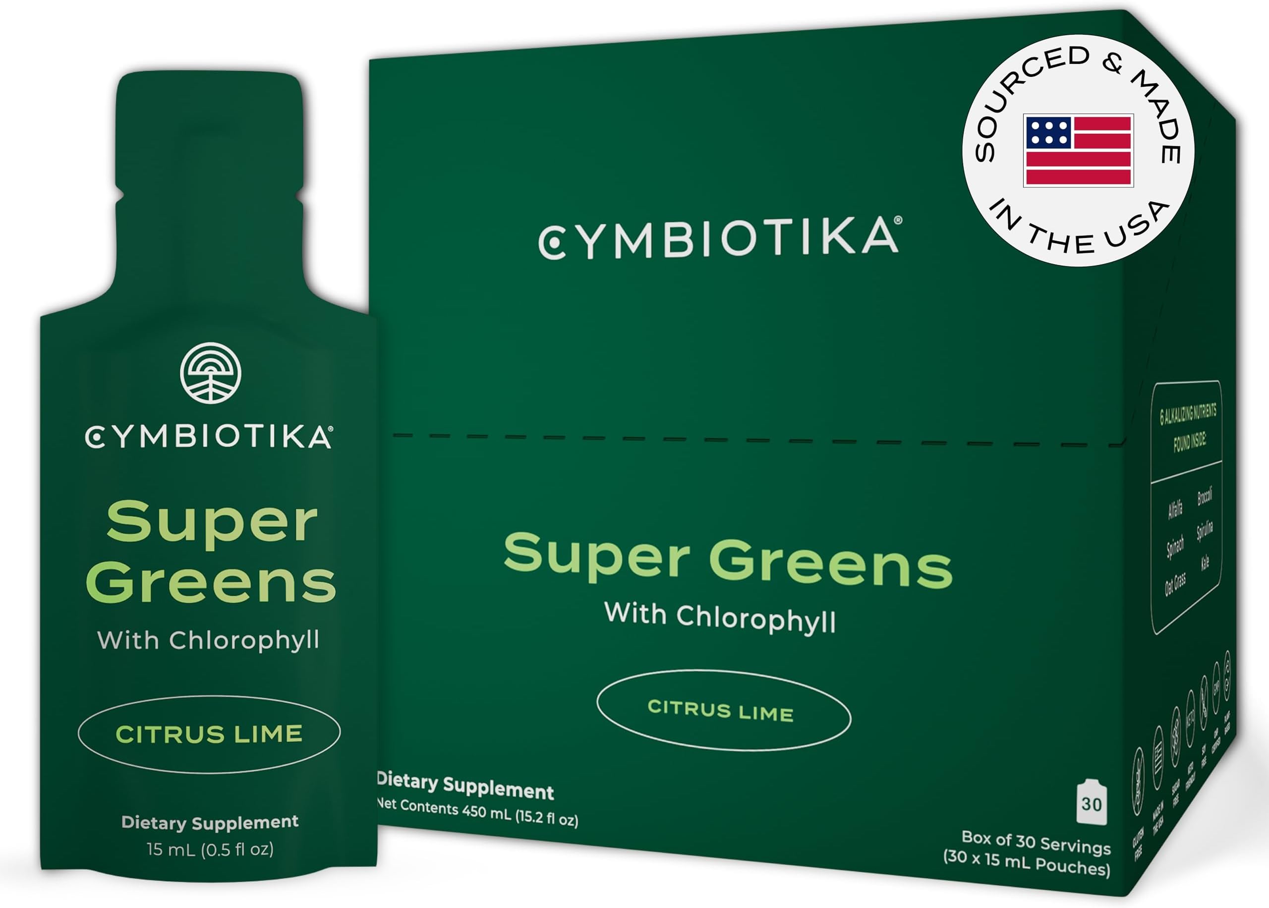 Super Greens Supplement with Chlorophyll, Spirulina, Daily Vegan Superfood Packets for Digestive Gut Health, Detox, Energy and Immune Support, Citrus Lime Flavor, 15 mL Pouches, 30 Pack