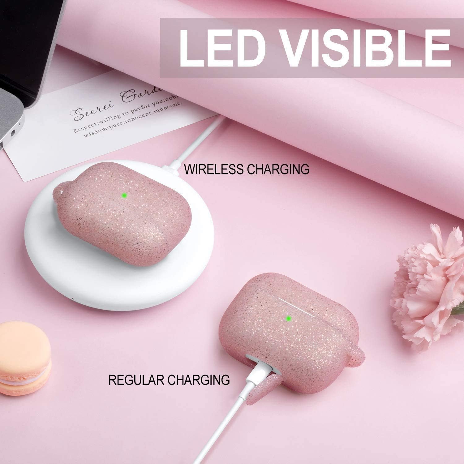 Witzon Compatible for AirPods Pro Case Silicone Cover with Cute Fur Ball Keychain Accessories Replacement Protective Cases for Apple AirPod Pro Women Girls, Glitter Rose Pink/Pink